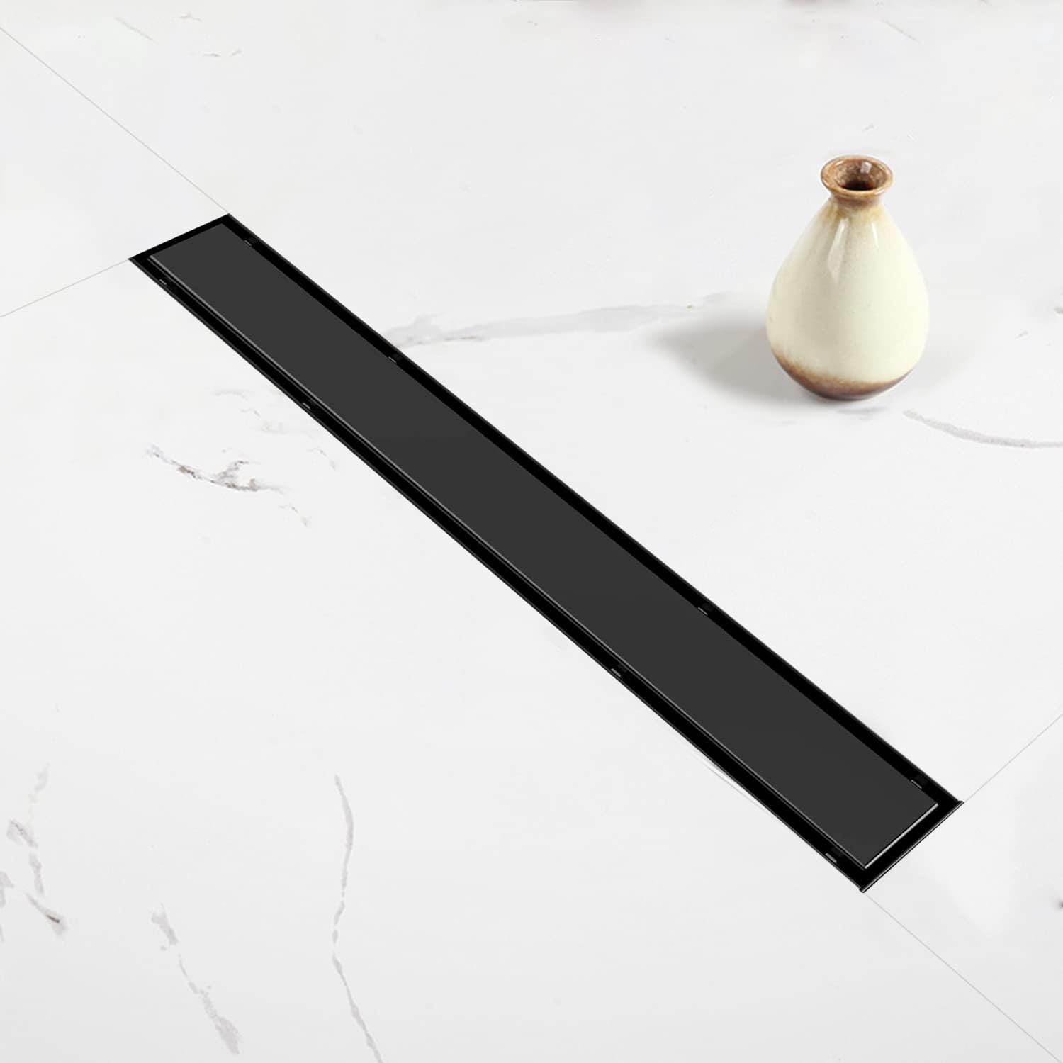 Linear Shower Drain, 60 inch Black Drain with Tile Insert 2-in-1 Panel, Brushed 304 Stainless Steel Shower Floor Drain, Linear Drain with Hair Strainer and Adjustable Feet