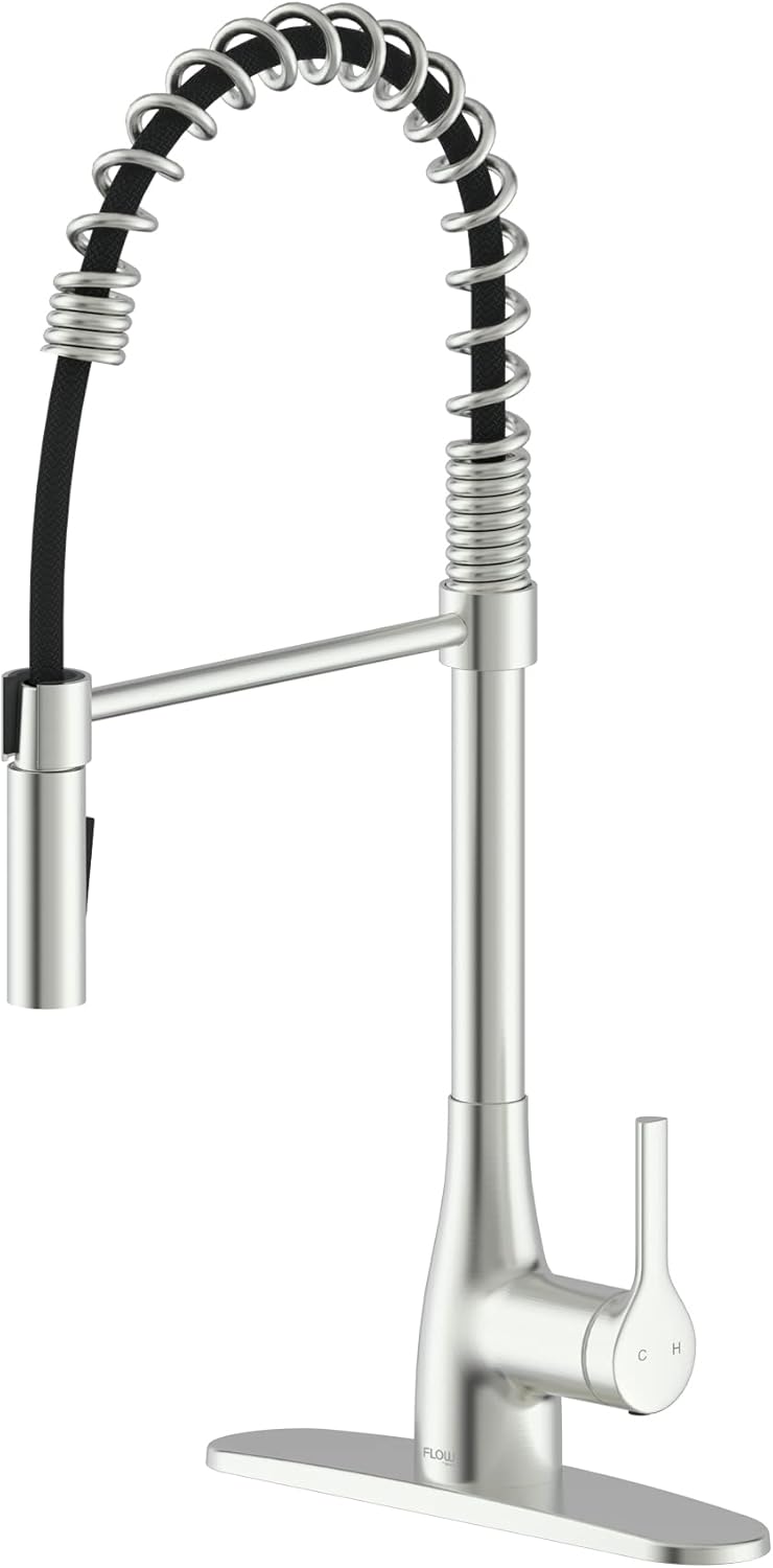 Bio Bidet FLOW Kitchen Faucet with Pull Down Sprayer, Classic Spring Neck, Single Handle, Brushed Nickel
