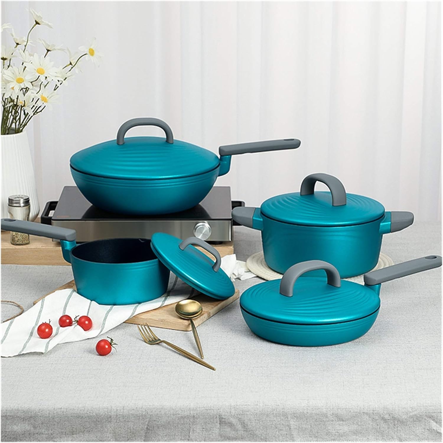 Cookware Set Soup Pot Stew Cooking Pots and Pans Induction Cooker Casserole Kitchen Saucepan Double Boiler Steamer Frying Pan (Red Variety Pack)