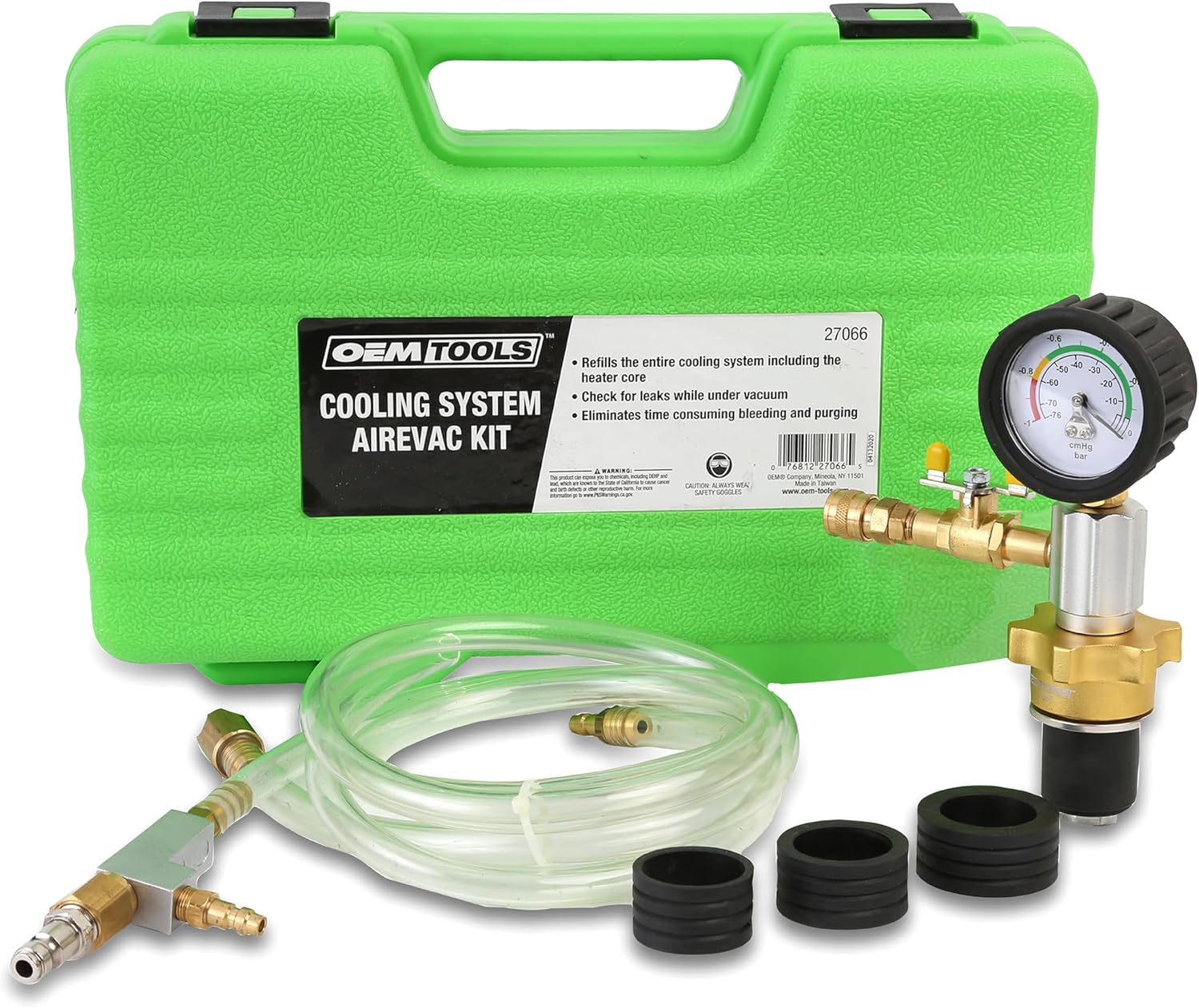 OEMTOOLS 24444 Cooling System Refiller AirEvac Kit, Quickly Refill Cooling Systems, Eliminate Trapped Air, Prevent Engine Damage, Universal Adapter, Leak Test, Includes 5 Bushings & Storage Case