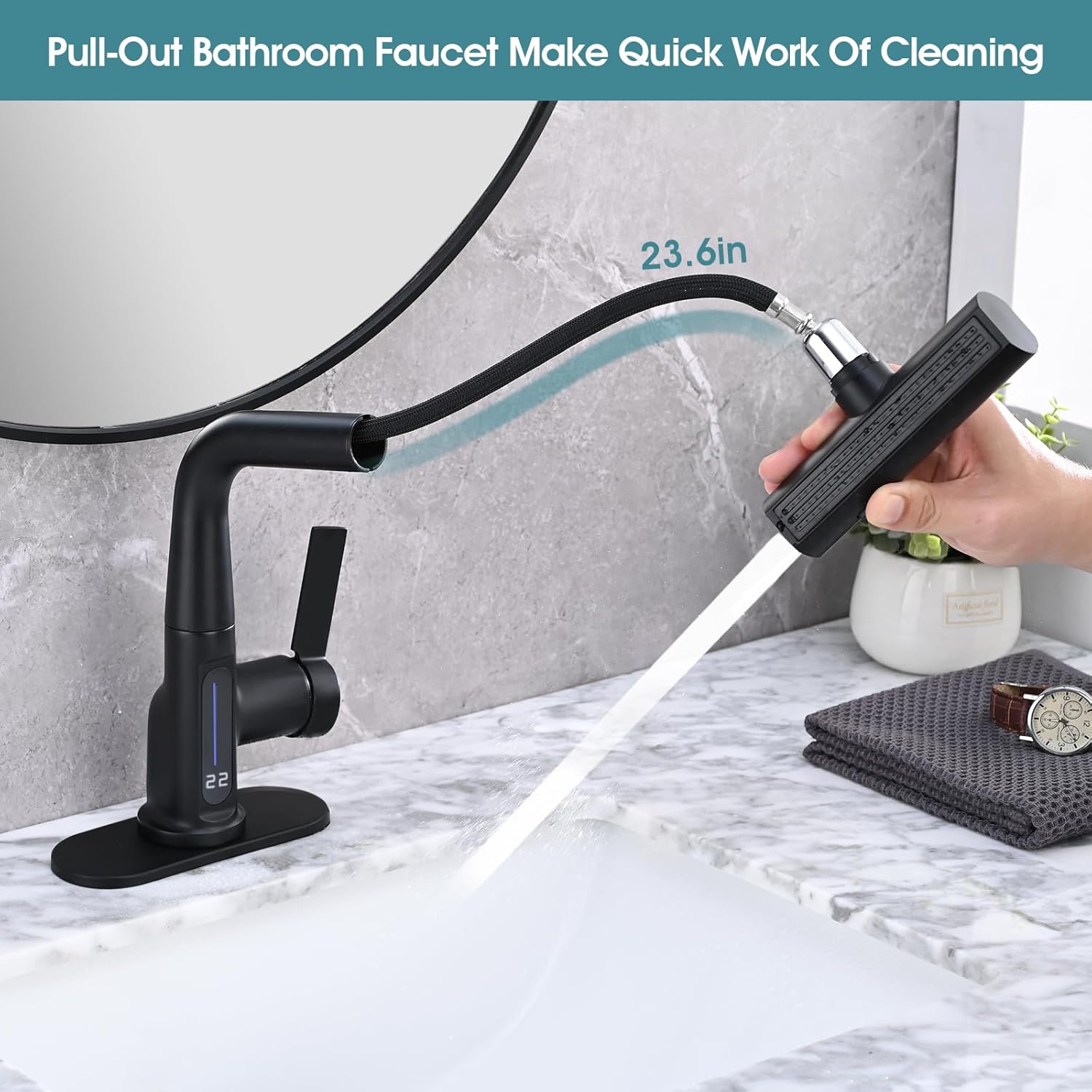 Dornberg Waterfall Bathroom Faucet with Pull Out Spraye, Liftable Bathroom Faucet, 3 Modes Digital Temperature Display Bathroom Sink Faucet with Deck Plate & Pop-up Drain - Matte Black