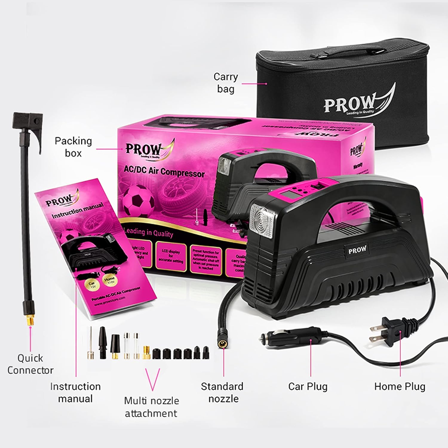 PROW Electric Air Compressor Tire Inflator AC/DC Portable for Car 12V, 110V, Upscale, with Digital Pressure Gauge, Air Pump for Car Tires, Motorcycle, Bike, Basketball PRO MODEL (pink, compact)