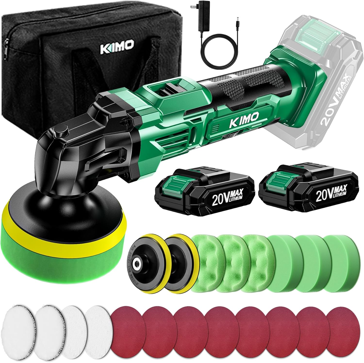 KIMO 20V Cordless Buffer Polisher Kit, 25Pcs Polishing Kit, 6 Speeds to 6000RPM/2*2000mAh Batteries Cordless Polisher, Fast Charger, Cordless Buffer Polisher for Car Detailing/Polishing/Buffing/Waxing