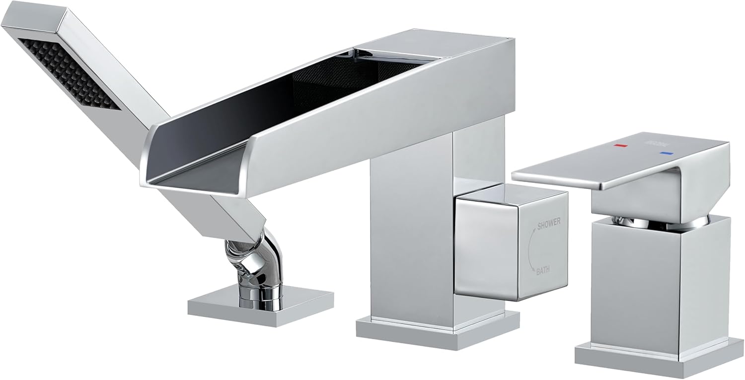 Deck Mount Tub Faucet with Sprayer Chrome LLGG High Flow Waterfall Bathtub Filler Faucets Brass with Hand Shower