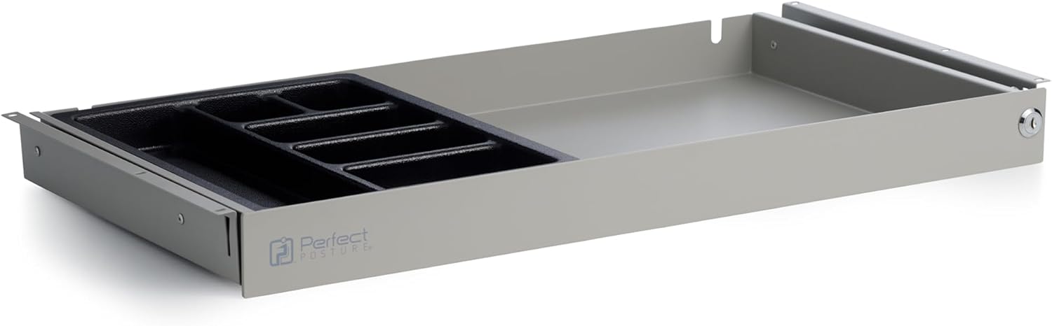 Perfect Posture Max Under Desk Storage Drawer – Large Desk Drawer with Lock for Regular & Sit-Stand Standing Desks, White (25” x 13”)