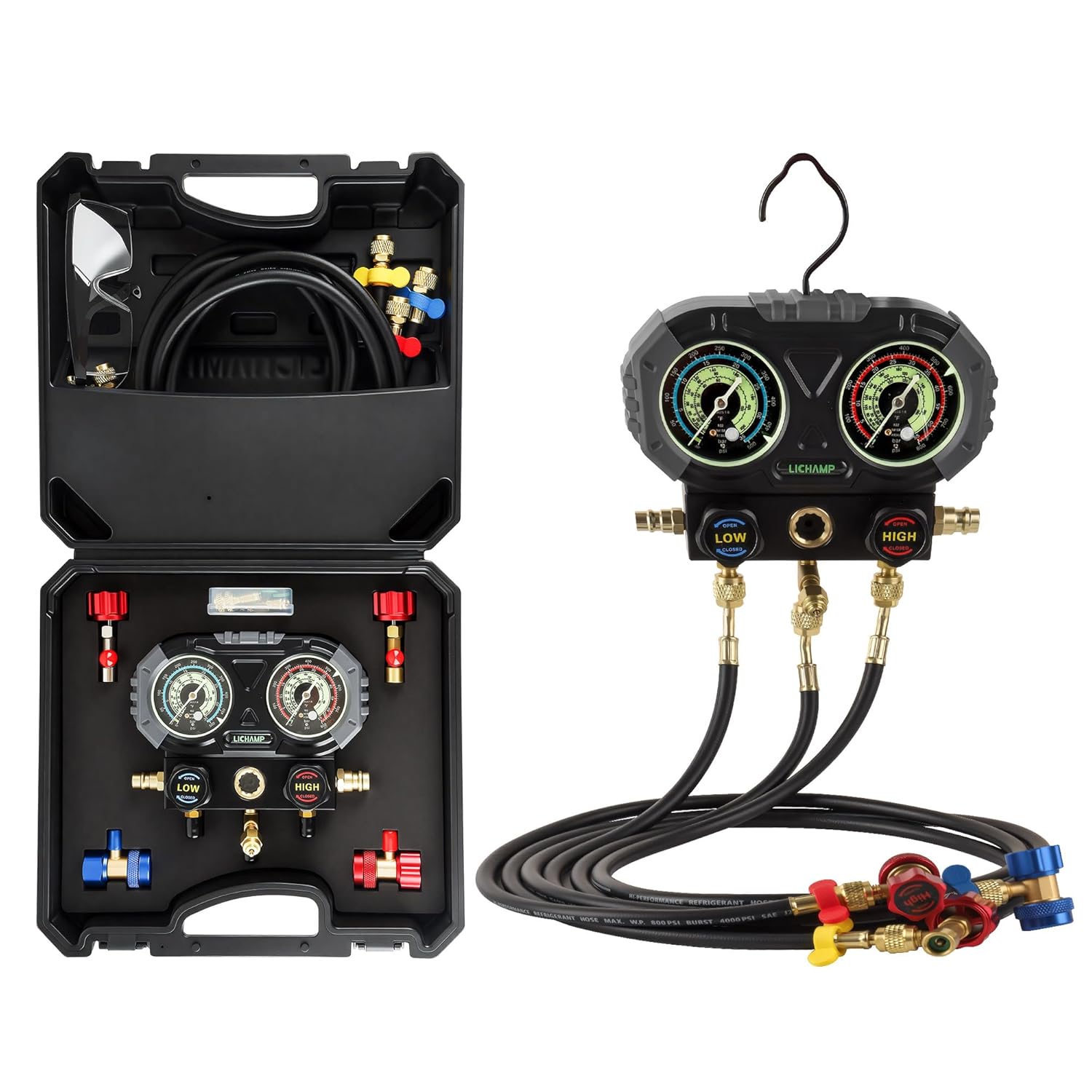 Lichamp AC R134A Gauge Set, Automotive Manifold Gauge Compatible with R32 R134A and R410 Refrigerants, Works on Car Freon Charging and Evacuation