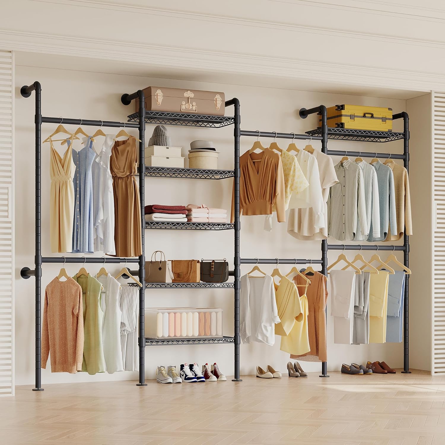 W4 Industrial Pipe Clothing Rack Wall Mounted Closet System Expandable Clothes Rack for Hanging Clothes, Heavy Duty Garment Rack Adjustable for Walk in Closet, Black