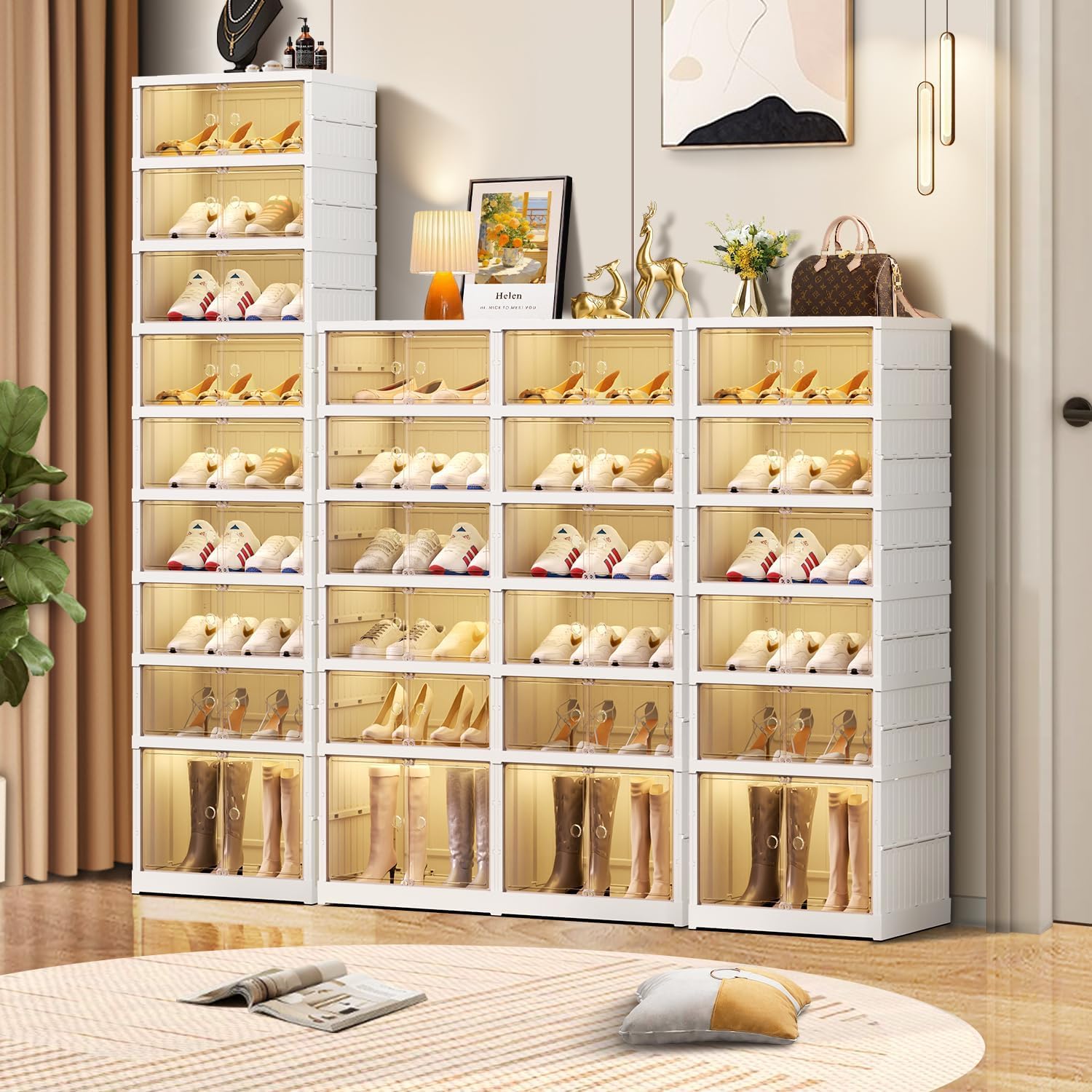 18 Pairs Portable Foldable Shoe Rack for Closet, Easily Assembled Clear Shoe Sneaker Storage Organizer Cabinet with Magnetic Door, Collapsible Closet Organizers and Storage, 9 Layers-18 Grids