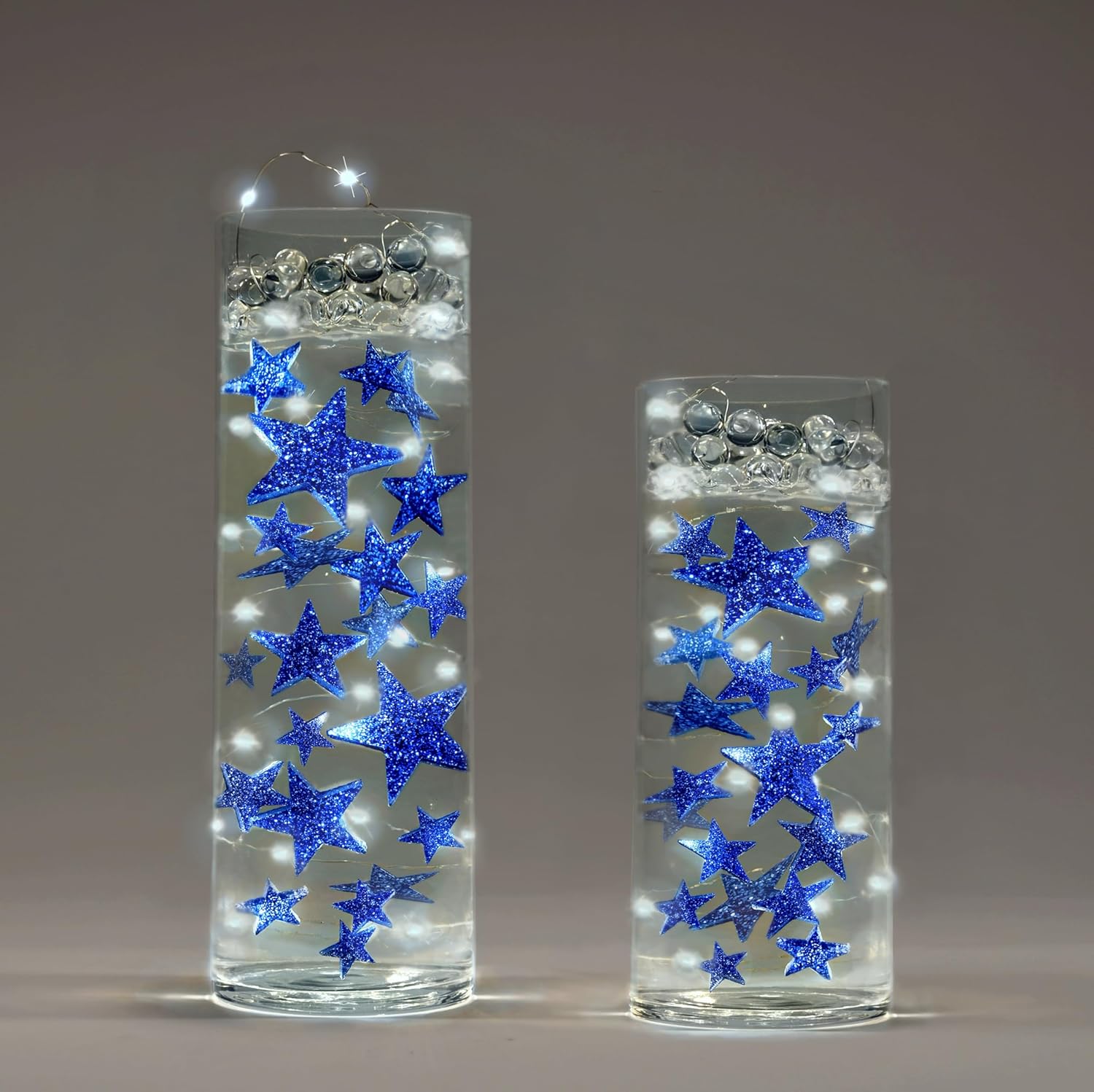 200 Floating Glitter Gold Stars-Large Sizes-Fills 4 Gallons of The Floating Transparent Gels for Vases-with Measured Gels Prep Bags-12 Warm White Submersible Fairy Lights