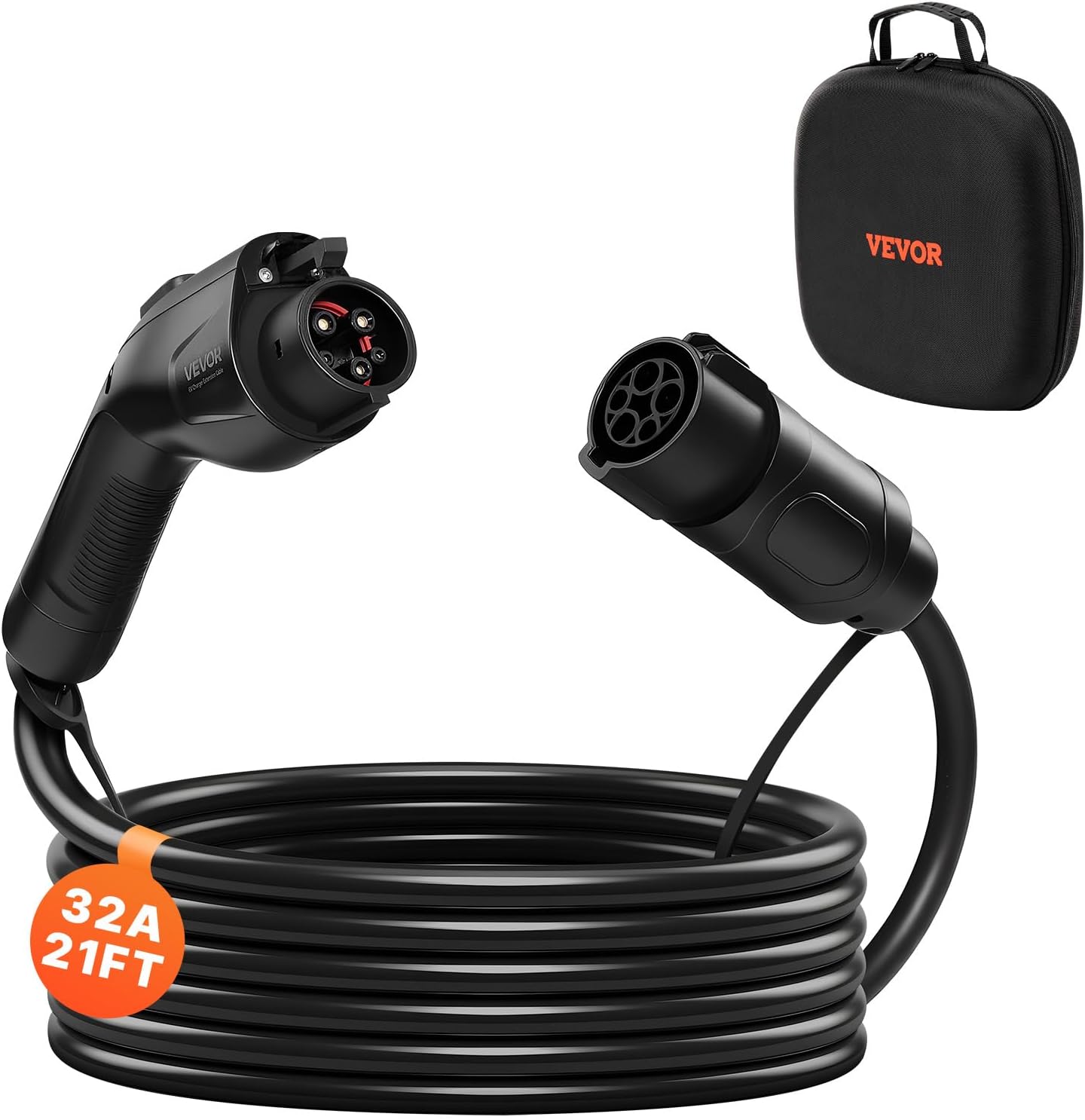 VEVOR EV Charger Extension Cable, 48Amp 21 ft J1772 Extension Cord Compatible with 120V-240V SAE J1772 Electric Vehicle Chargers, Level 1/Level 2 IP66 Heavy Duty Car Charging Cable with Carrying Bag