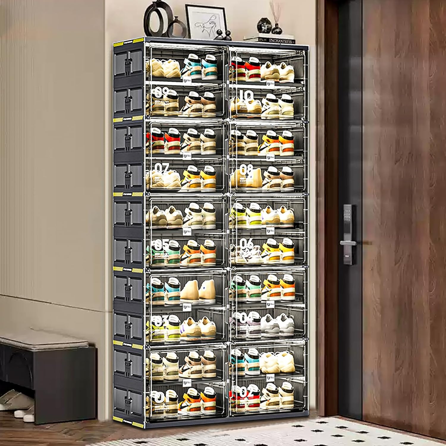 16 Pairs Portable Shoe Storage Cabinent of 3-Step Fast Installation,Plastic Shoe Box with Magnetic Clear Door for Entryway, Enclosed Shoe Rack for Sneaker, Heels etc.. (2Row, 4Tier)