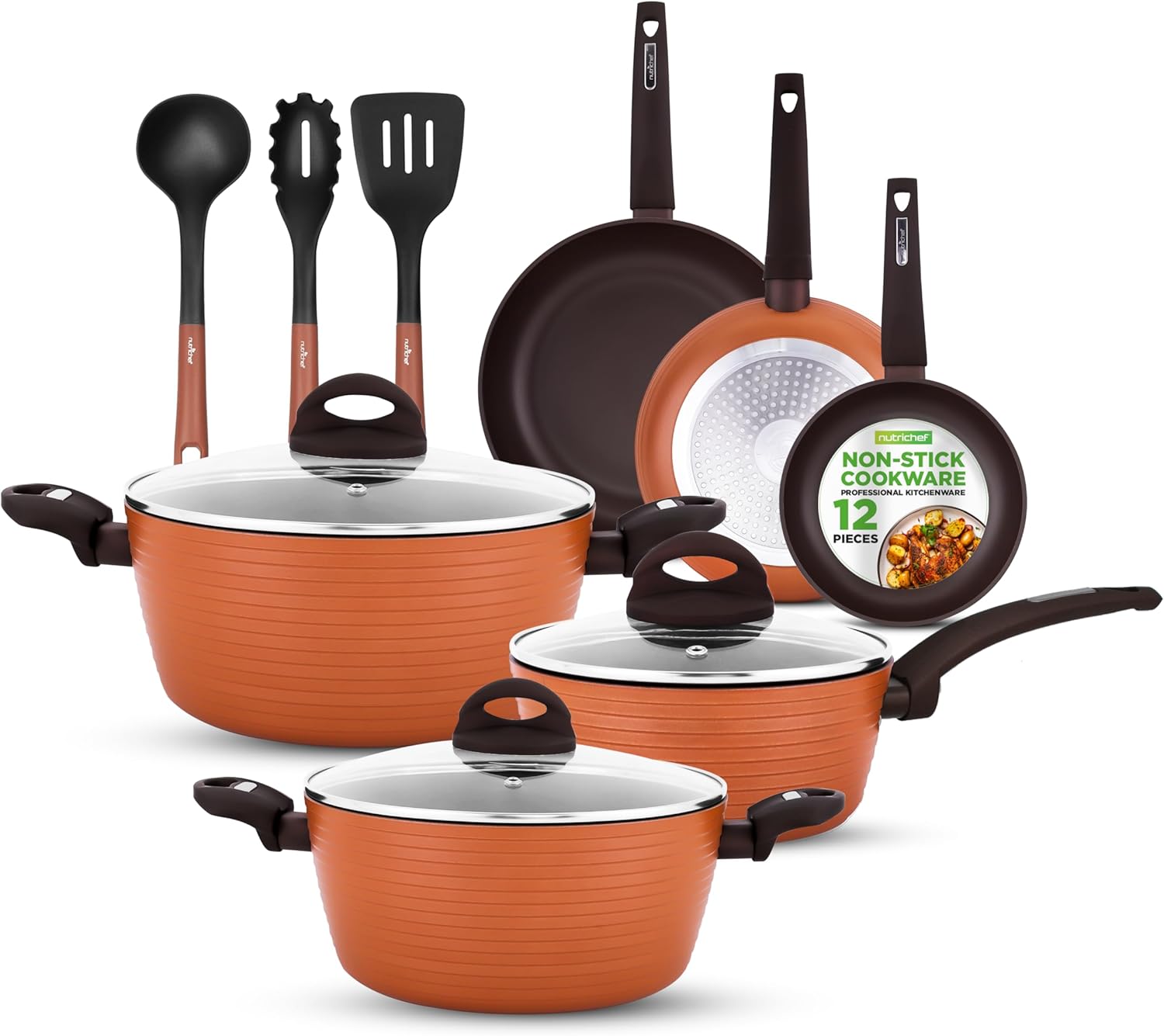 NutriChefKitchen 12-Piece Nonstick Kitchen Cookware Set-PTFE/PFOA/PFOS-Free Heat Resistant Lacquer Kitchen Ware Pots Pan Set Dark Gray/Red- Saucepot, Pans, Cooking Pot Oven Pot,Lid,Utensil - NCCW12RED