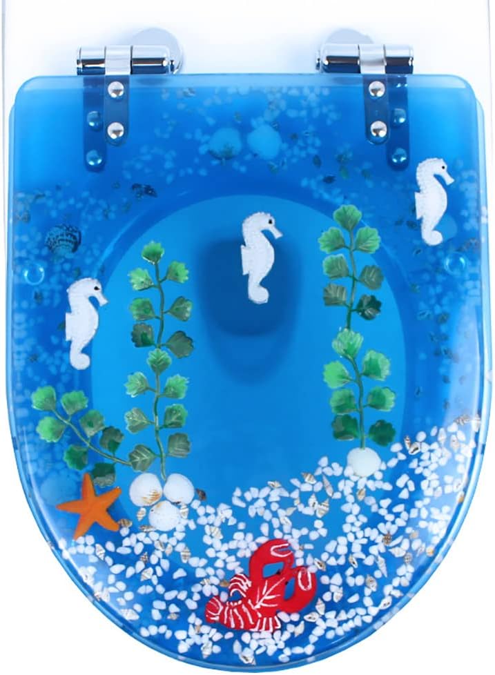 Resin Toilet Seat, Round Soft Close Quick Release 3D Effects Heavy Duty Toilet Seats with Blue Fish Seashells Cover, Acrylic Seats Ocean Series 17 Inch
