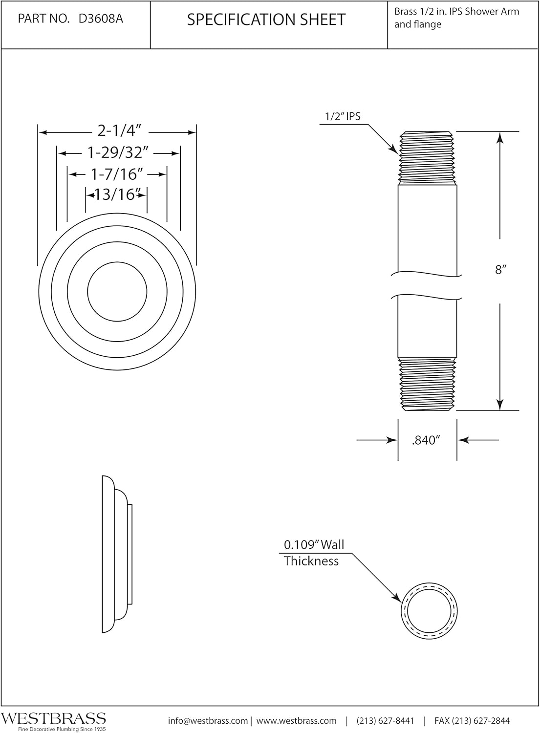 Westbrass D3608A-07 1/2” Ceiling Arms with Heavy Duty Flanges, Satin Nickel