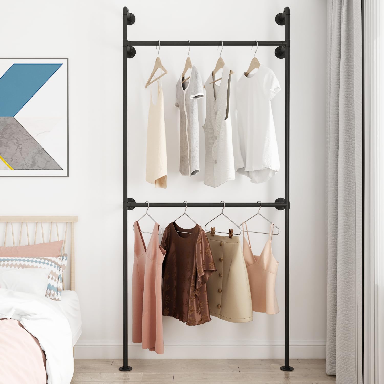 ORSENIGO Industrial Pipe Clothing Rack, Heavy Duty Metal Clothes Rack with Double Rods for Hanging Clothes, Wall Mount Space-Saving Garment Display Rack (Three, Black)
