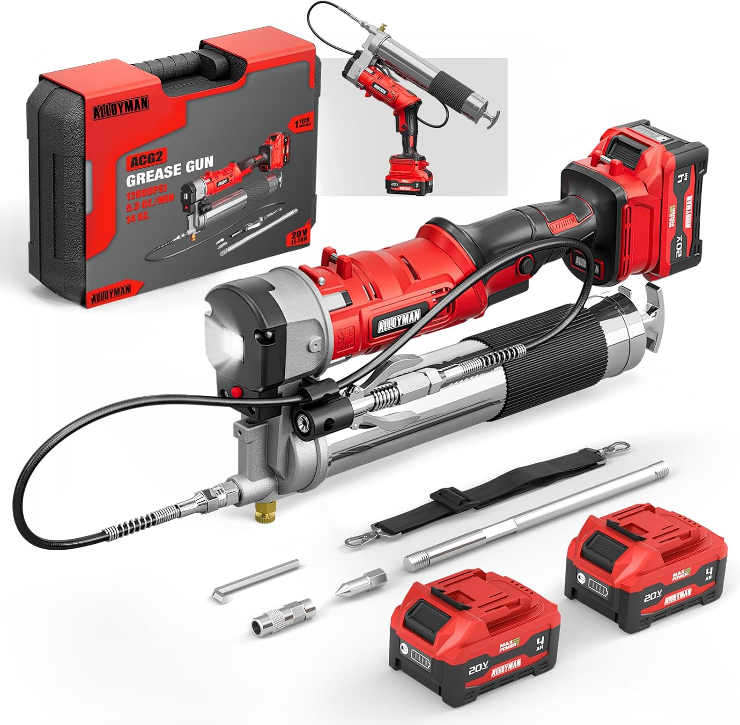Alloyman Electric Grease Gun -2025 Upgraded 2-in-1 Design with 2×4000mAh Batteries,12,000 PSI,High-Efficiency 5.3 oz/min, Efficient for Farmers, Equipment Operators and Homeowners