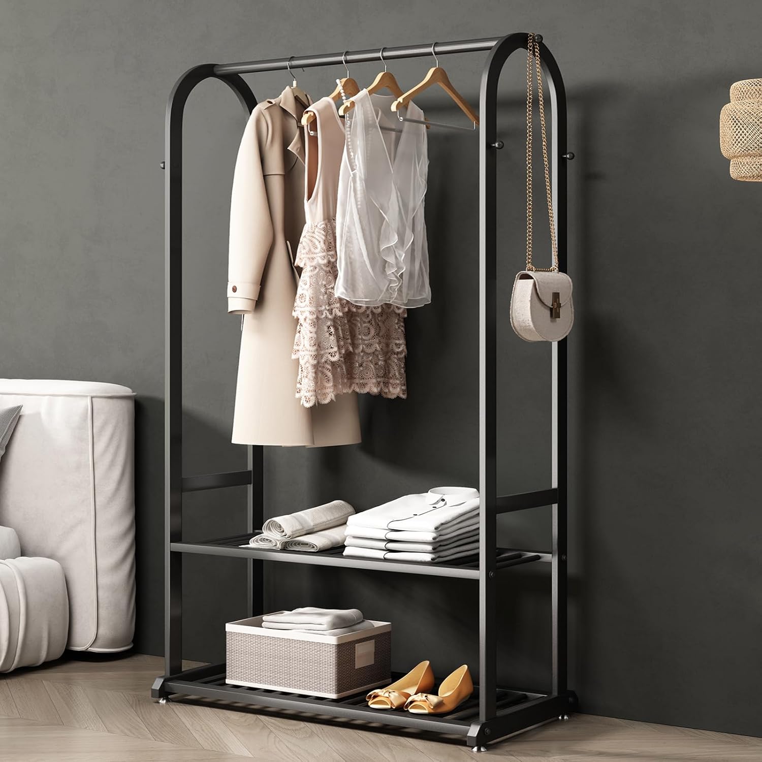 Gold Clothing Rack - Heavy Duty, Small Wardrobe Rack with Bottom Shelves for Hanging Clothes (L:39.4IN)