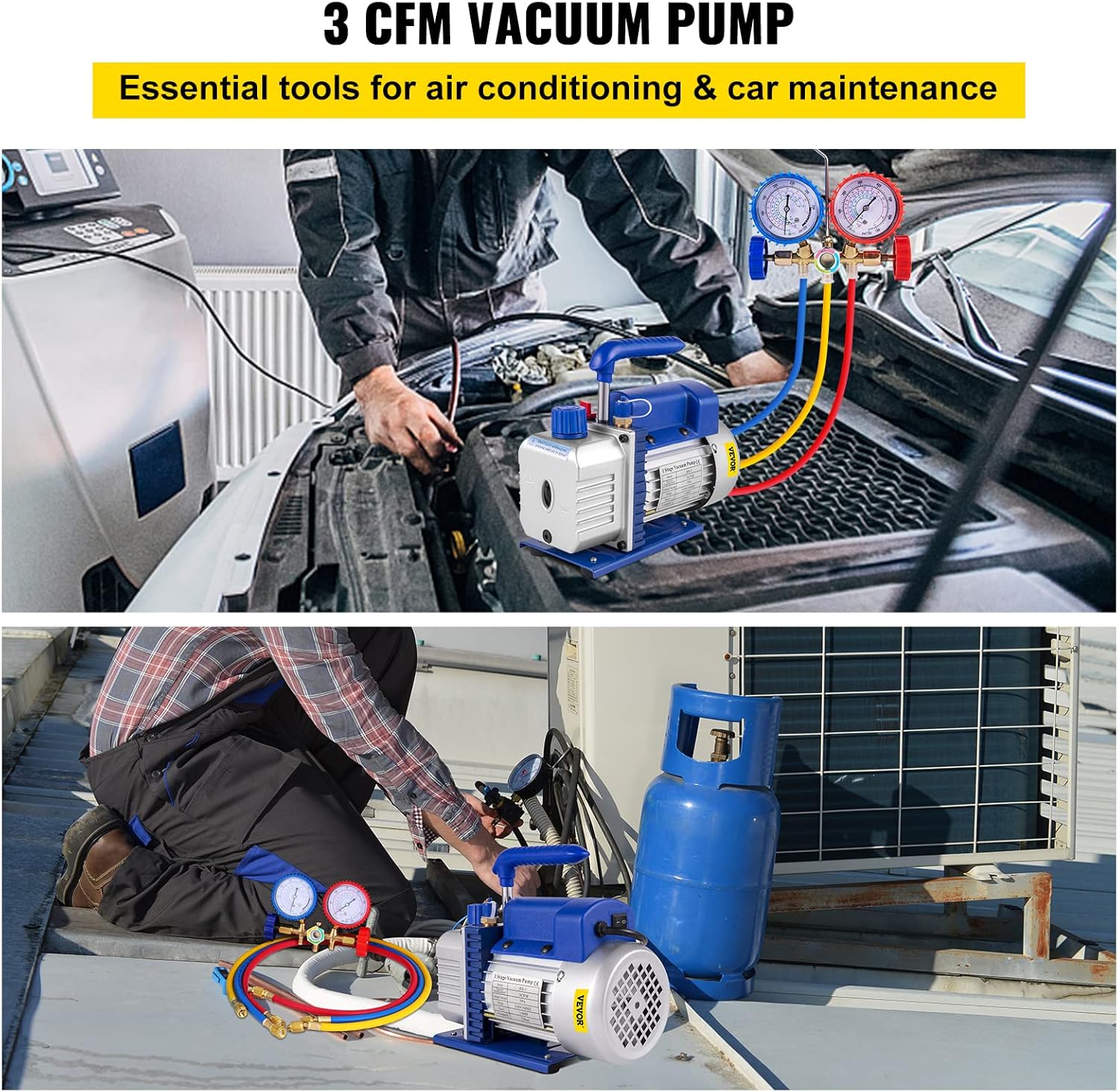 VEVOR 3CFM 1/4HP Single Stage Air Vacuum Pump HVAC R134a R12 R22 R410a A/C Refrigeration Kit AC Manifold Gauge R134 Can Tap Included Carrying Tote