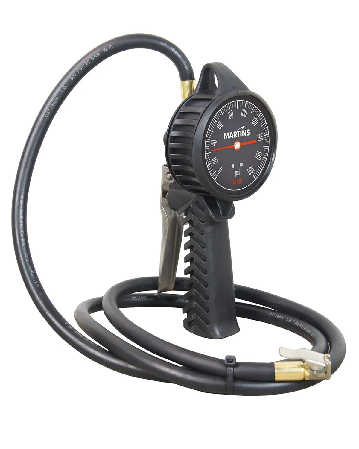 Martins Handheld Analog Tire Inflator Gauge with 6 ft Rubber Hose – Compact Tire Inflator for Automotive, Cars, Motorbikes, Bicycle – 174 PSI