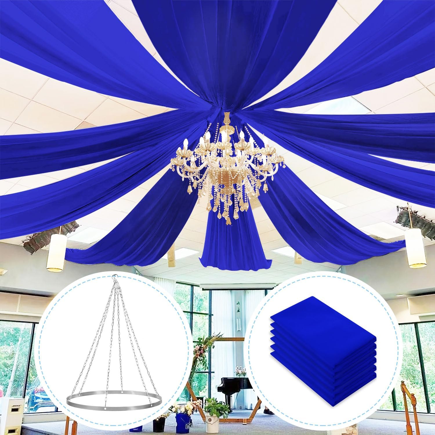 FUHSY Red Ceiling Drapes Ceiling Draping Hanging Kit 6 Panels 5ft x 10ft Wedding Arch Draping Fabric for Bedroom Party Ceiling Decor with Metal Hoop Ring