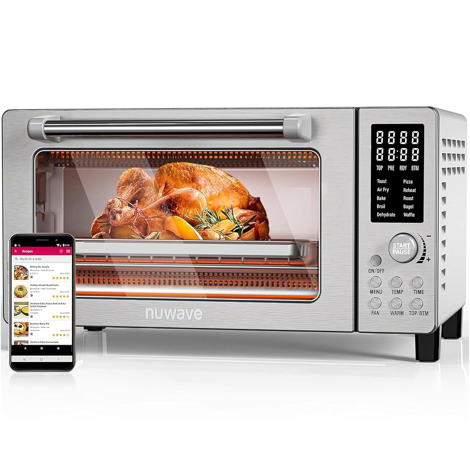 Nuwave Bravo XL Air Fryer Toaster Smart Oven, 12-in-1 Countertop Grill/Griddle Combo, 30-Qt XL Capacity, 50F-500F adjustable in precise 5F increments, Integrated Smart Thermometer, Linear T Technology
