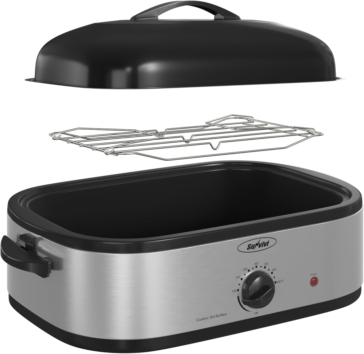 14-Quart Electric Roaster Oven with Self-Basting Lid, Turkey Roaster Oven with Rack, Stainless Steel, Silver, 14 QT