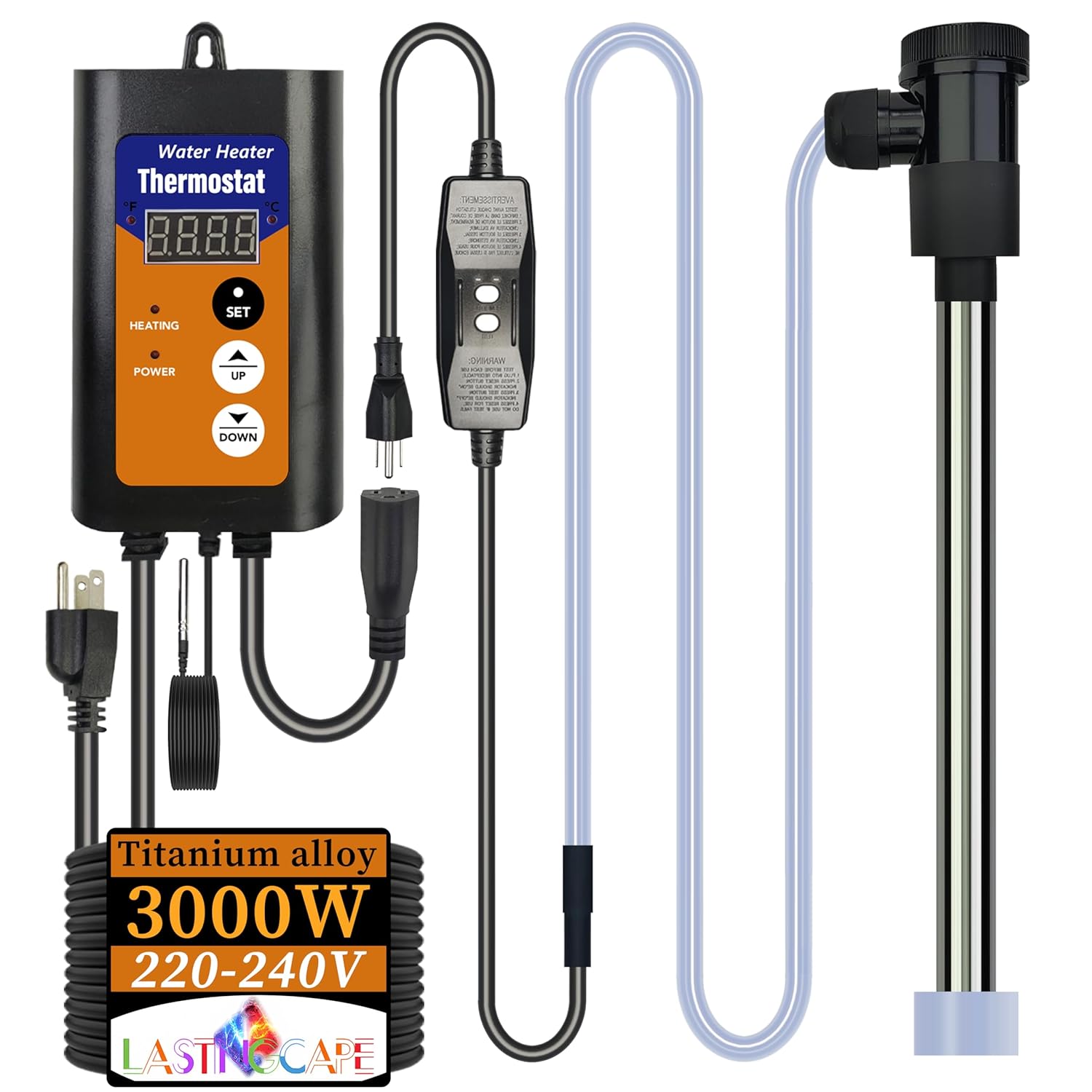 240V 3000W Titanium Submersible Portable Electric Pool & Hot Tub Immersion Water Heater with Thermostat, GFCI for Bathtubs, Inflatable Pool, Above Ground Pool, Swimming Pool and Baptistry