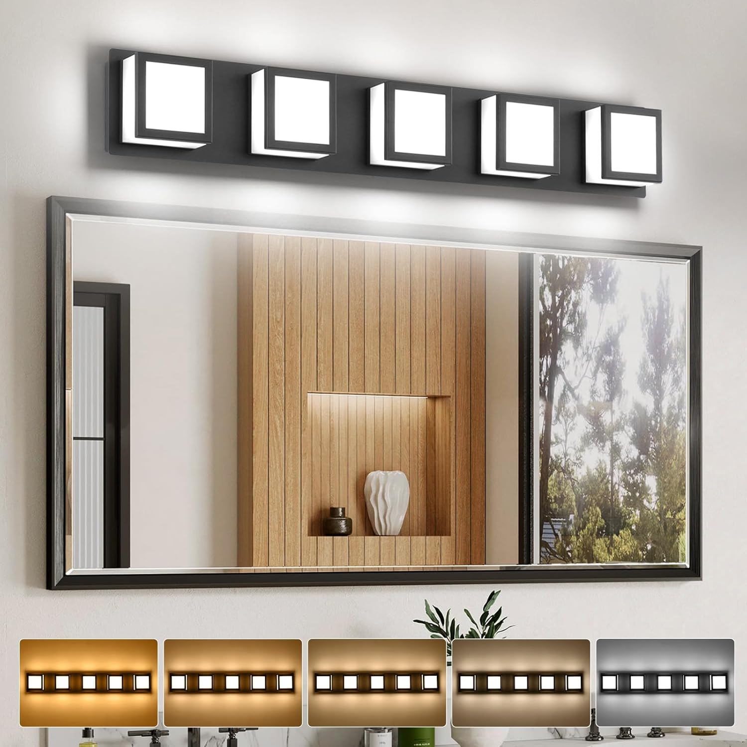 5-Light Bathroom Lighting Fixtures Over Mirror (5CCT, Dimmable), Black Led Modern Vanity Light for Bathroom (3000K/3500K/4000K/5000K/6000K)