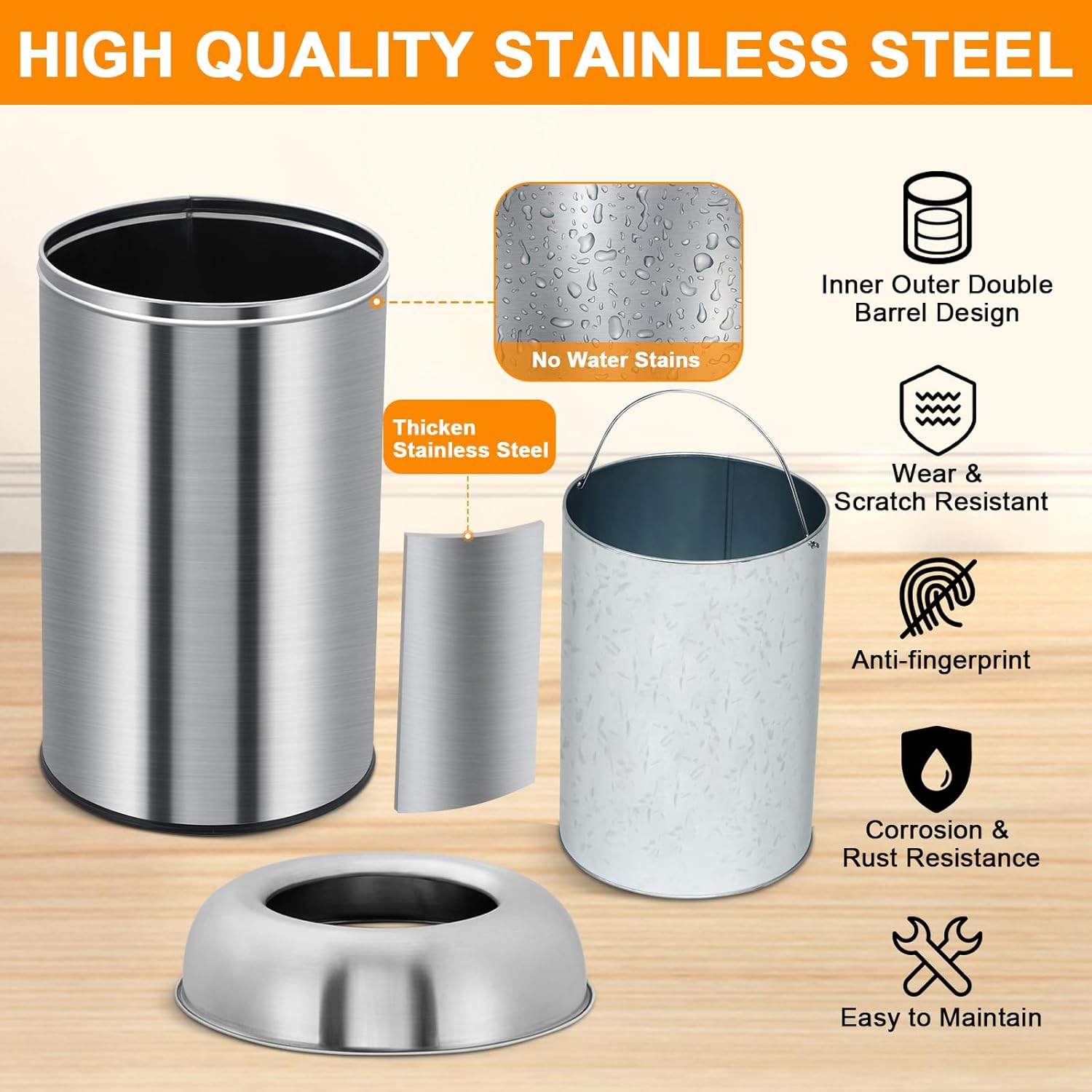 Garvee 18.5 gal/70 L Open Top Trash Can, Stainless Steel Garbage Can with Removable Inner Bucket, Heavy Duty Commercial Grade Round Waste Container for Kitchen, Home, Office