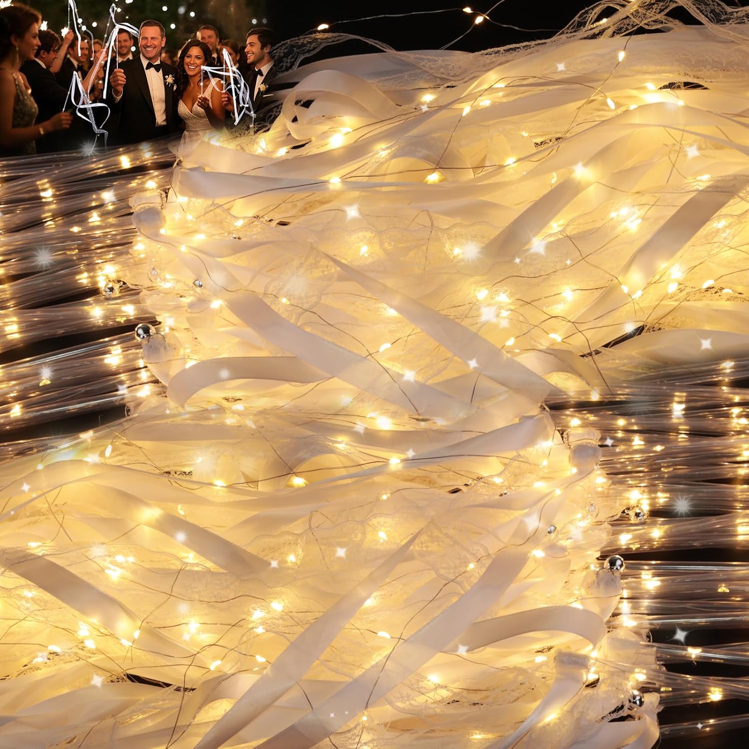 120 Pieces Wedding Wands with LED Multi Mode Light up Wands Silk Fairy Glow Ribbon Streamers with Bells for Wedding New Year Graduation Concert Raves Birthday (120 PCS)