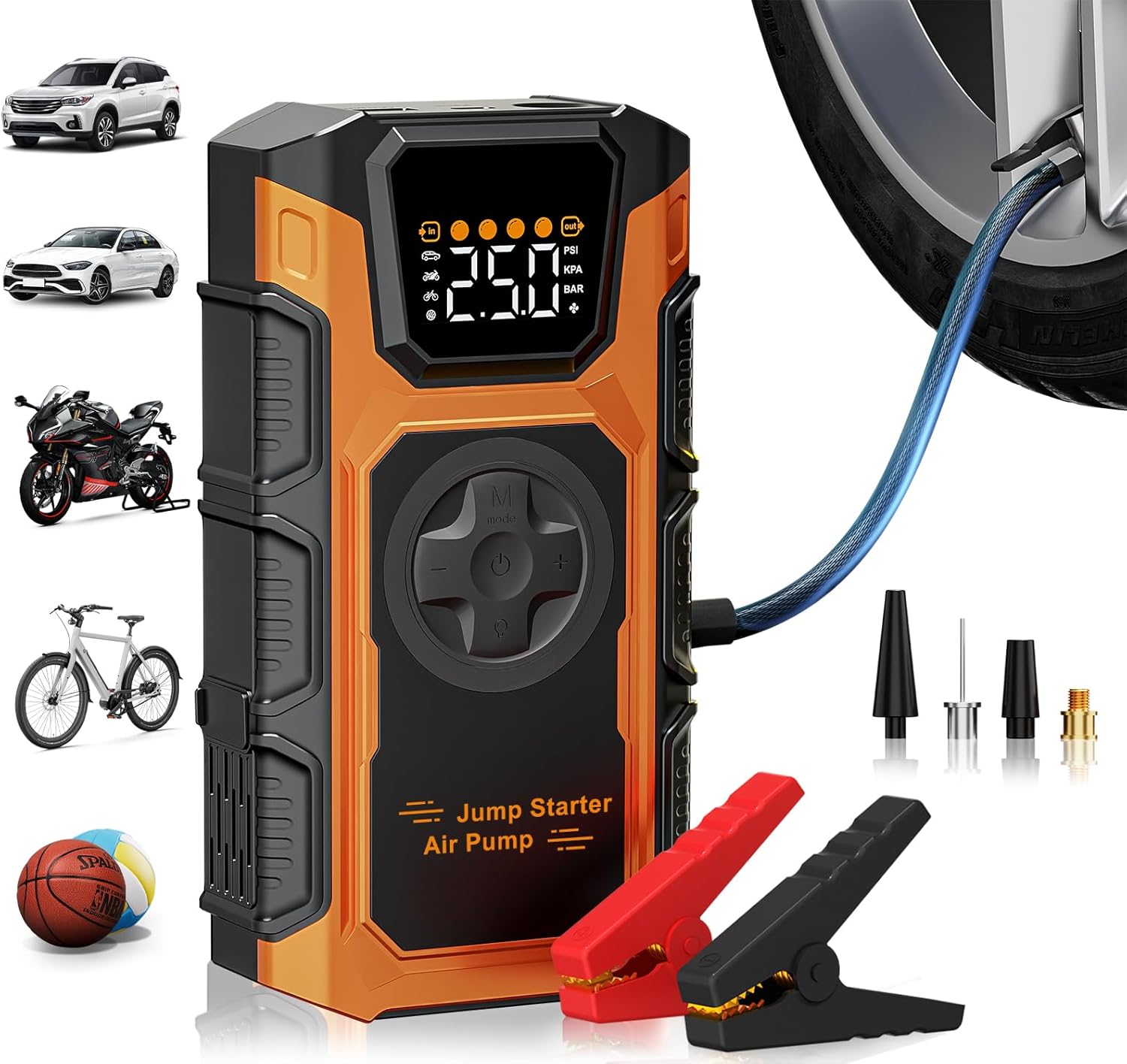 Tire Inflator Portable Air Compressor, 150 PSI Cordless Mini Air Pump for Car, Motorcycle, Bikes, Balls with Pressure Gauge&Auto Shutoff Function, 3500A Car Battery Jump Starter with LED Light
