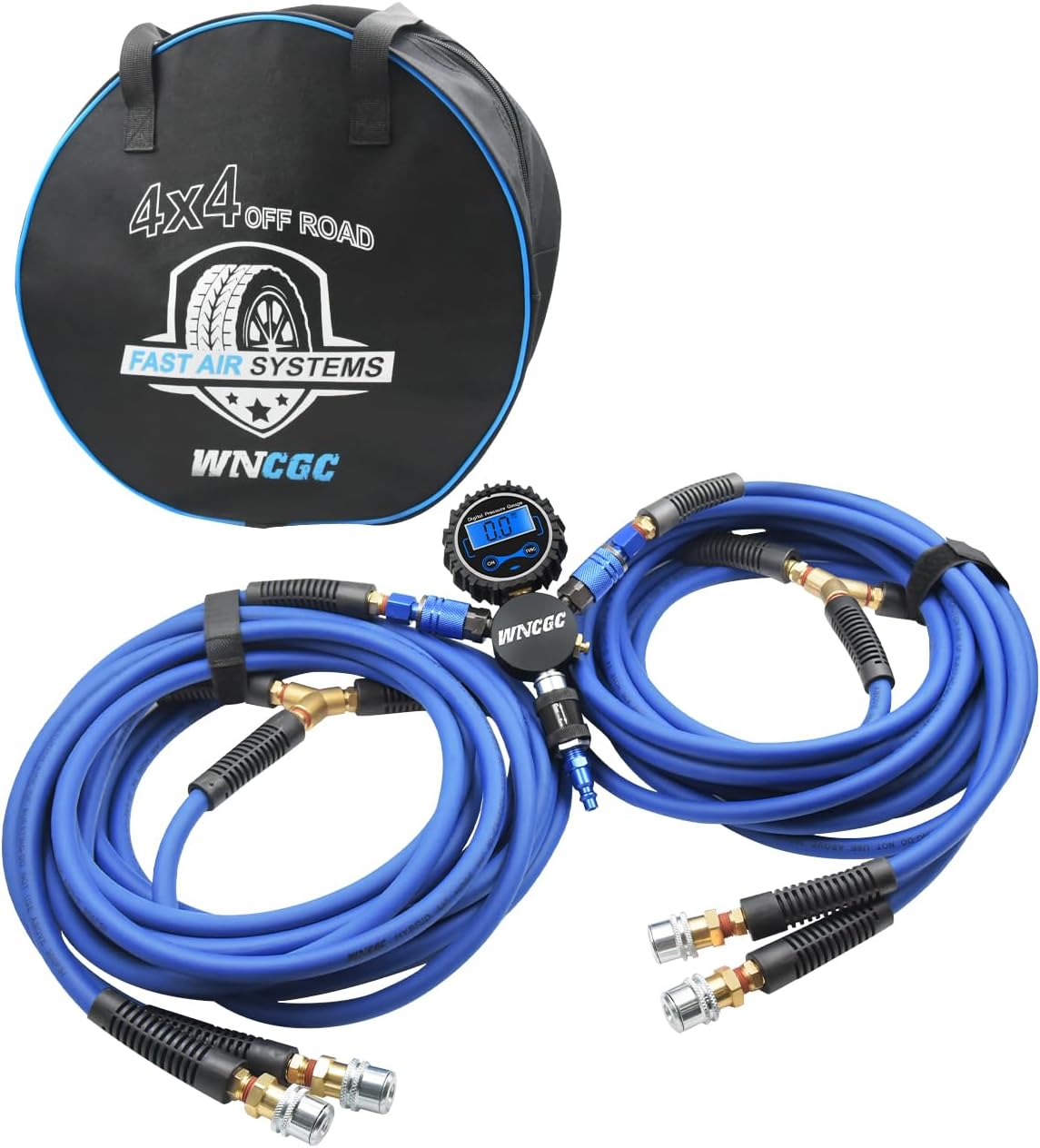 4 Tire Inflation Deflation System, 1/4 Inch x 13FT Hybrid Air Hose, Heavy Duty 4 Way Tire Inflator Hose Kit with Closed Flow Lock-On Air Chucks for Truck, Car, Trailers