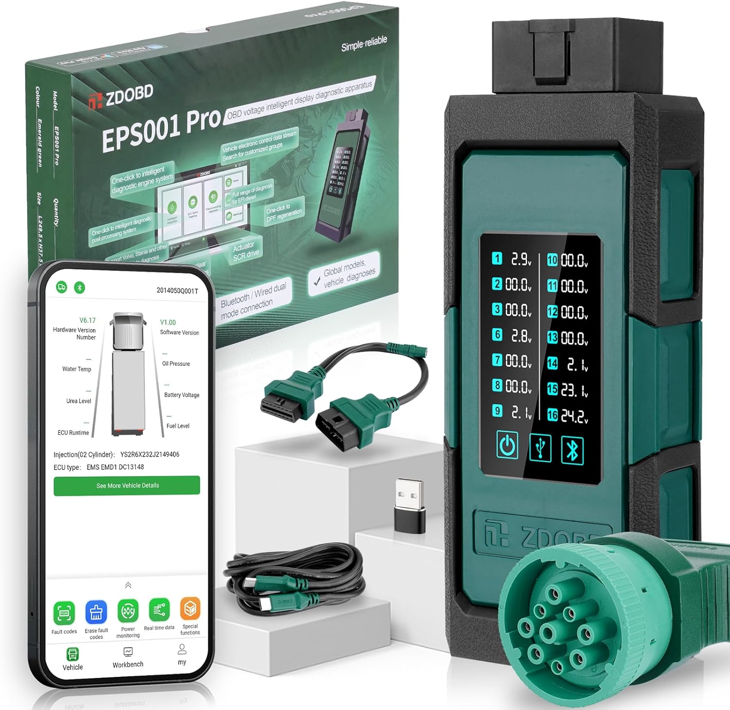 Bluetooth Diesel Truck Scanner, All System Diesel Heavy Duty HDOBD OBD2 Diagnostic Scan Tool Compatible with Volvo Peterbilt Cummins Detroit Paccar Engine, DPF Regen (EPS001PRO)