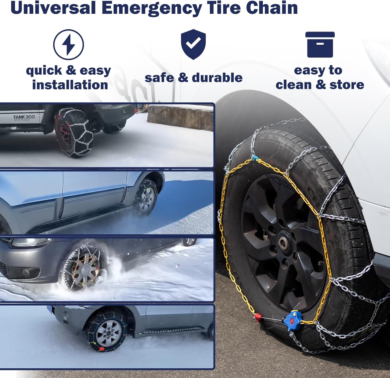 Auto Tightening Snow Chains Tire Chains, 1-Minute Quick Install, Universal Fit for Car/SUV/Pickup Truck, Multi-Weather Emergency Traction, Set of 2 - HKN140