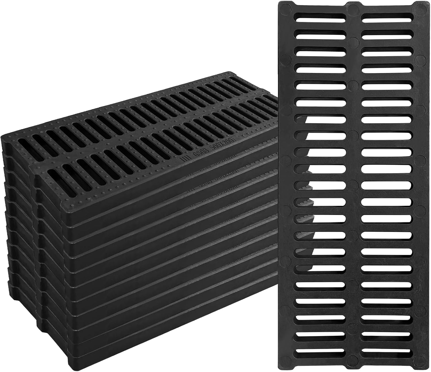 12 Pack Polymer Plastic Channel Drain Grate-19.7x7.9x1 in Durable Trench Cover,Total Length 236 in Polymer Drain Strainer,Outdoor Drainage Grates for Yard Fence Sidewalk Patio Houseside