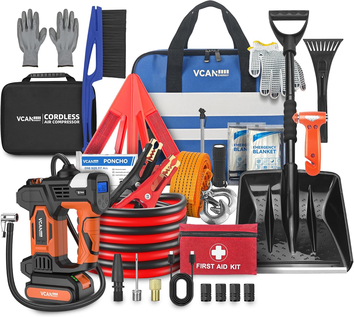 Car Emergency Kit with Portable Air Compressor, Jumper Cable, Winter Travel Assistance with Detachable Snow Shovel, Safety Emergency Kit for Cars, Trucks