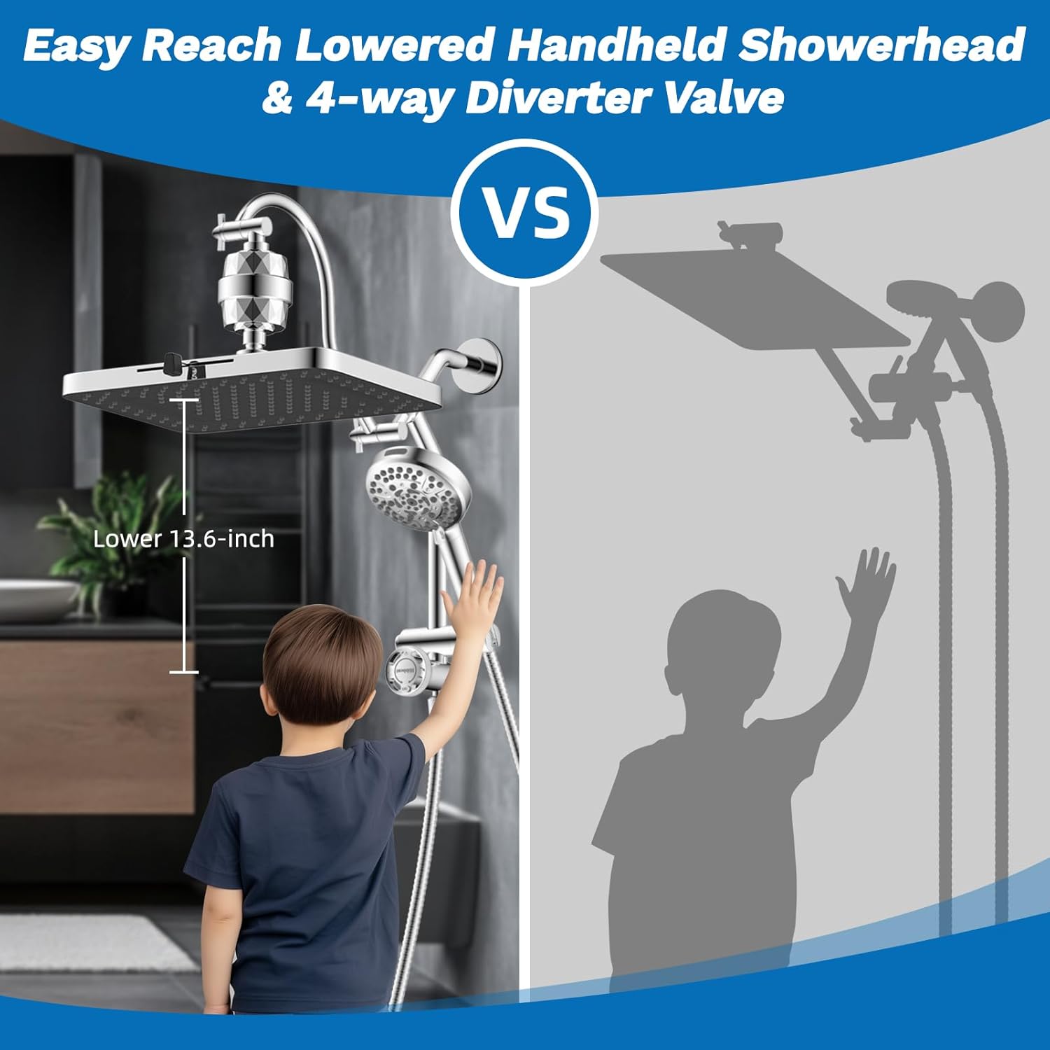 Hibbent Upgraded 13'' Shower Head Combo, High Pressure 5 Spray Rainfall Showerhead, 10 Spray Mode Handheld, All Metal Easy Reach 4-way Diverter Shower Arm with Pause Mode, 71'' Hose and Holder, Black