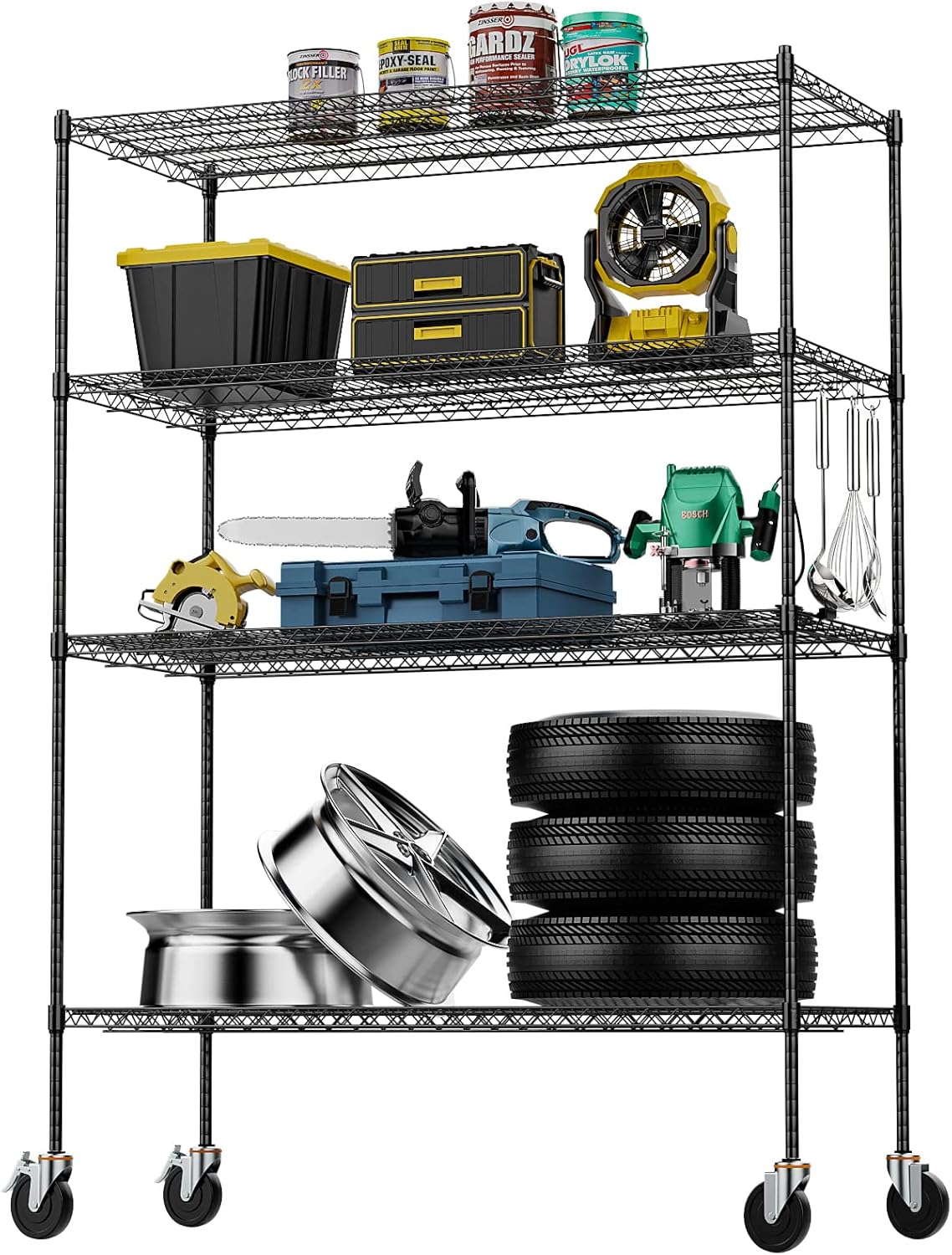 Luxspire Wire Shelving Unit with Wheels, 2400LB Heavy Duty NSF Commercial-Grade Adjustable Storage Shelves, Metal Shelving Utility Rack, Kitchen Garage Organizer Shelf,4-Tier 48x18x72 in, Matte Black