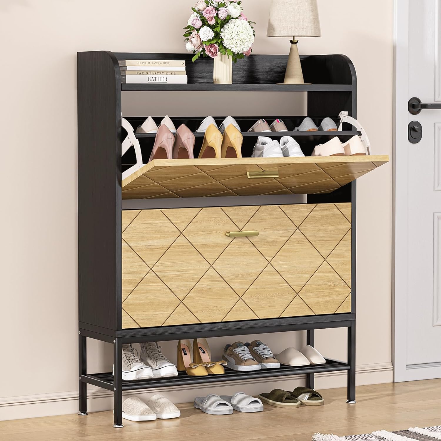 VTRIN Shoe Cabinet for Entryway Shoe Storage Cabinet with 2 Flip Drawers, Sturdy Wooden Boot Organizer Narrow Sneaker Rack for Front Door Entrance, Hallway, Small Space, White