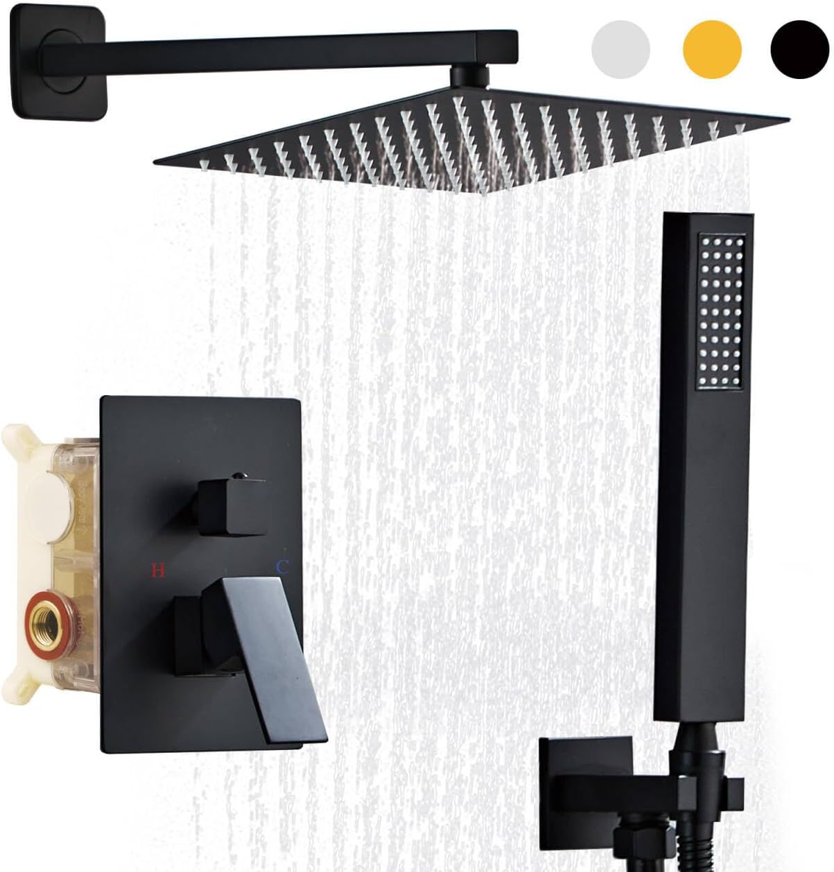 SaniteModar Black Shower Head System 10 Inch Square Rainfall Shower Head with Handheld Shower Vaval and Trim Kit Wall Mounted Shower Faucet Set, Matte Black Shower Head