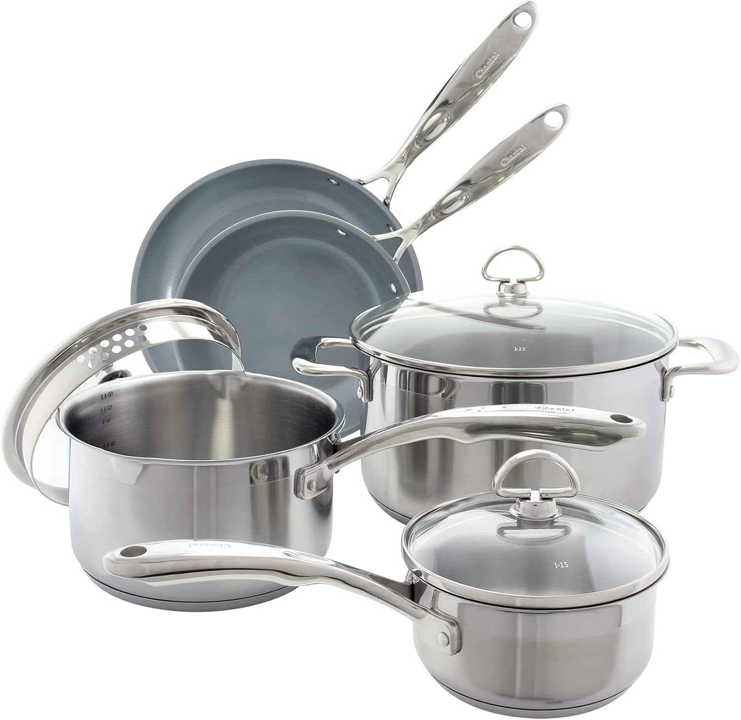 Chantal Induction 21 Steel 8 Piece Cookware Set with Ceramic Coated Fry Pans, 8 pc Set
