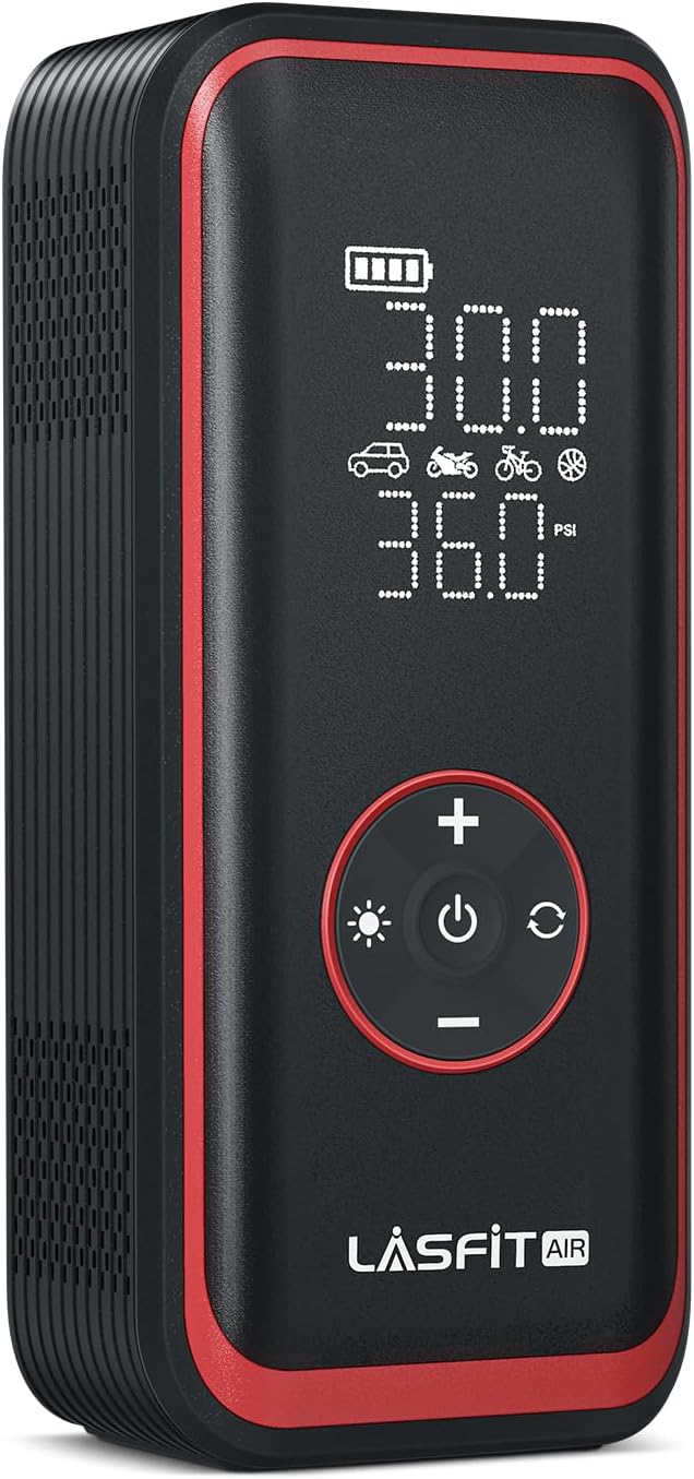 LASFIT TK1 Pro Tire Inflator Portable Air Compressor [5X Faster Inflation] 150PSI Tire Inflator 16000mAH Battery Operated Air Pump for Car Tires with Digital Pressure Gauge, Smart Auto Stop