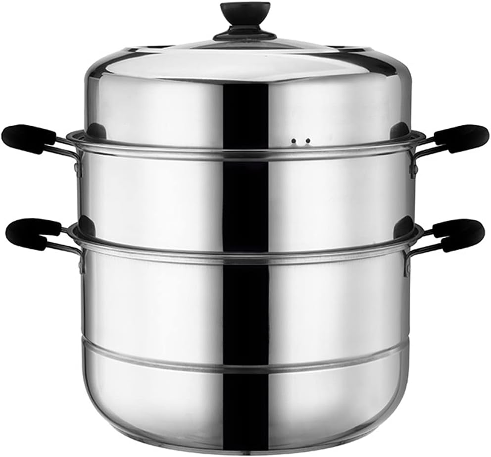Steamer Pans,Stainless Steel 3 Tier Uncoated Composite Bottom Steamers with Glass Lid and Polished Mirror Finish, Suitable for Household Kitchen Food Steamer/Stock Pot-30cm,One Color-30cm