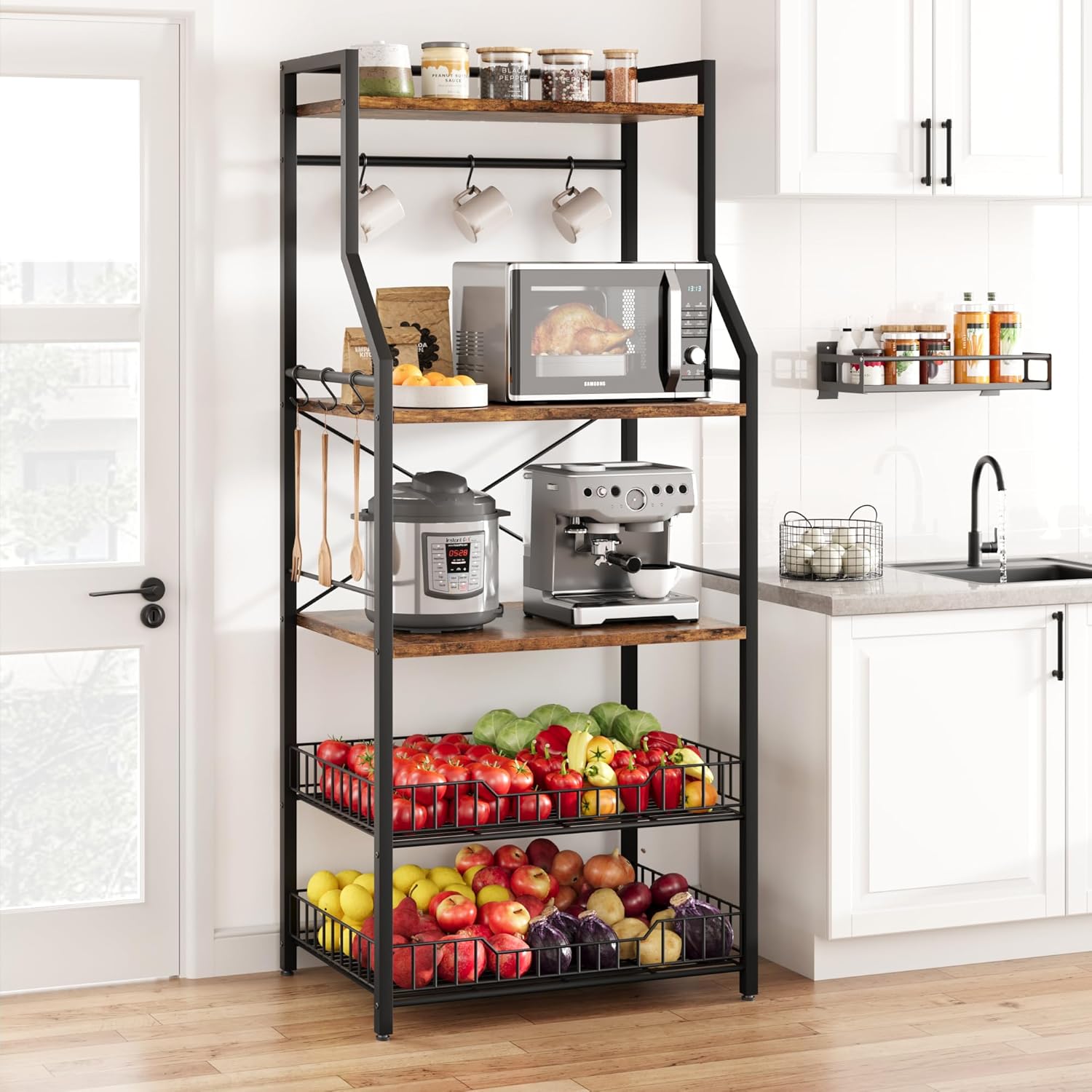 IDEALHOUSE Kitchen Bakers Rack, Microwave Oven Stand with 2 Large Wire Basket, Industrial Coffee Bar Station, 5-Tier Kitchen Utility Storage Shelf with 8 Hooks for Spice, Pots Organizer, Rustic Brown