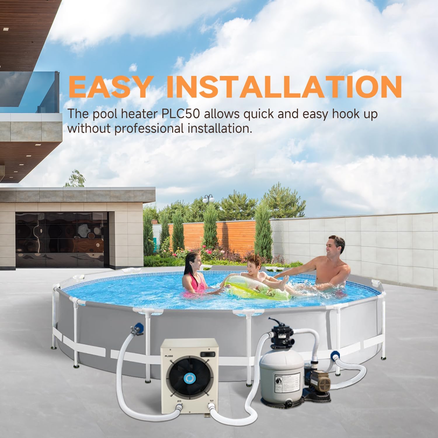 Electric Heat Pump Pool Heaters for Above Ground Pools Up to 4000 gallons, Max 15826BTU, 110V-120V/60Hz, High Efficient, Fits 9/11/15 Foot Pool, PLC50