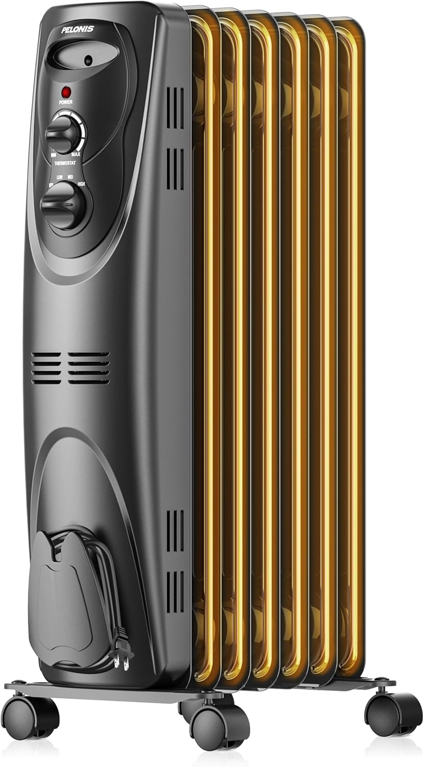 Pelonis Oil Filled Radiator Heater, 1500W Quiet Warmth Radiant Heater, 3 Heating Modes, Overheat & Tip-Over Protection, Adjustable Thermostat, Space Heaters for Indoor Use, Black, 25.2 x 13.8 x 11 in