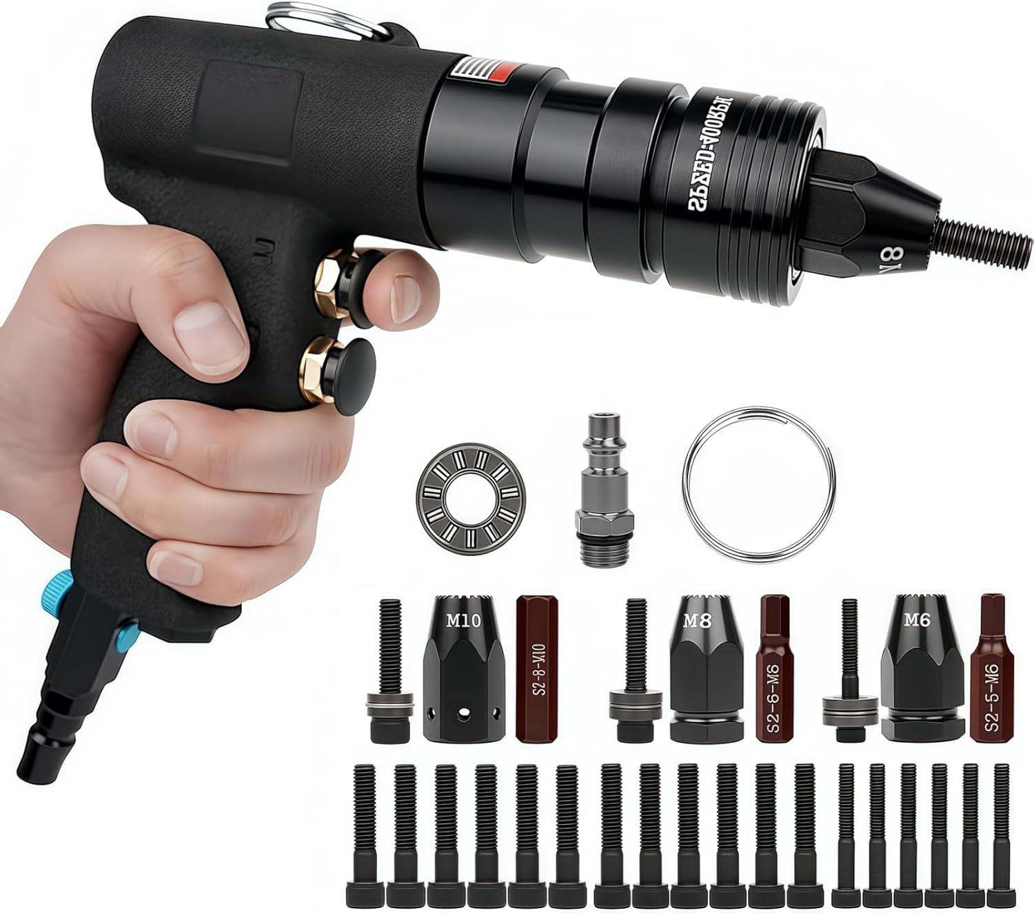 Pneumatic Rivet Nut Gun Kit, Air Riveter Nut Gun with Self-locking Head Gun 1/4 & 5/16 & 3/8 Mandrels, Industrial Grade Adjustable Speed Pull Rivnut Gun, Black