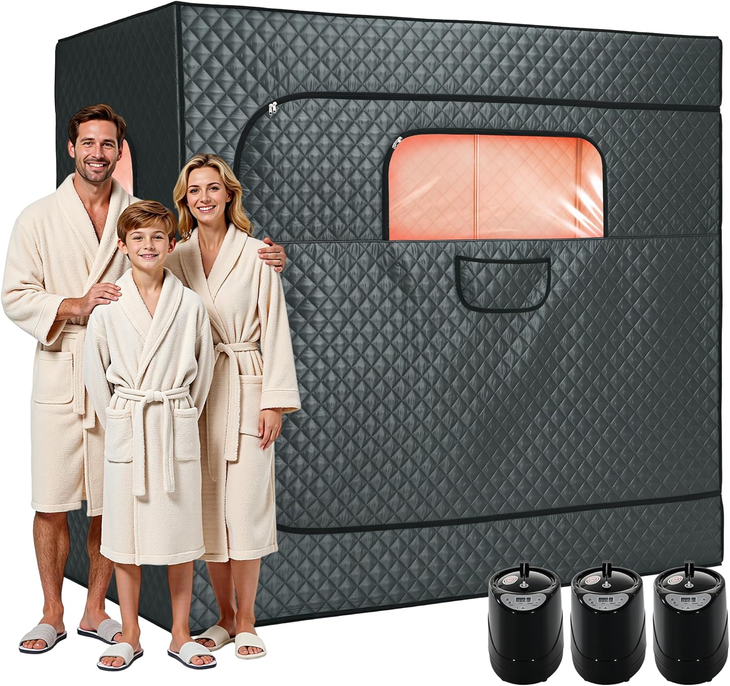 Albott 3 Person Steam Sauna for Home, Portable Sauna Tent with 3L 1500W Steamer, Extra Large Size 6.6’ x 3.3’ x 5.8’ Full Body Home Spa, Remote Control, Folding Chair, Grey