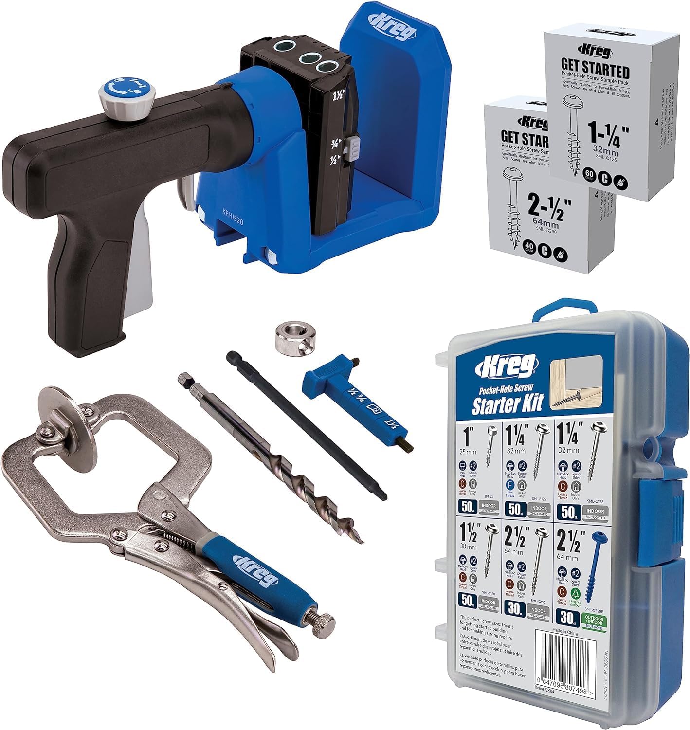 Kreg Pocket-Hole Jig 520PRO with Starter Screw Kit - Easy Clamping & Adjusting - Includes 360-Degree Rotating Handle - with 260 Pocket-Hole Screws - for Materials 1/2