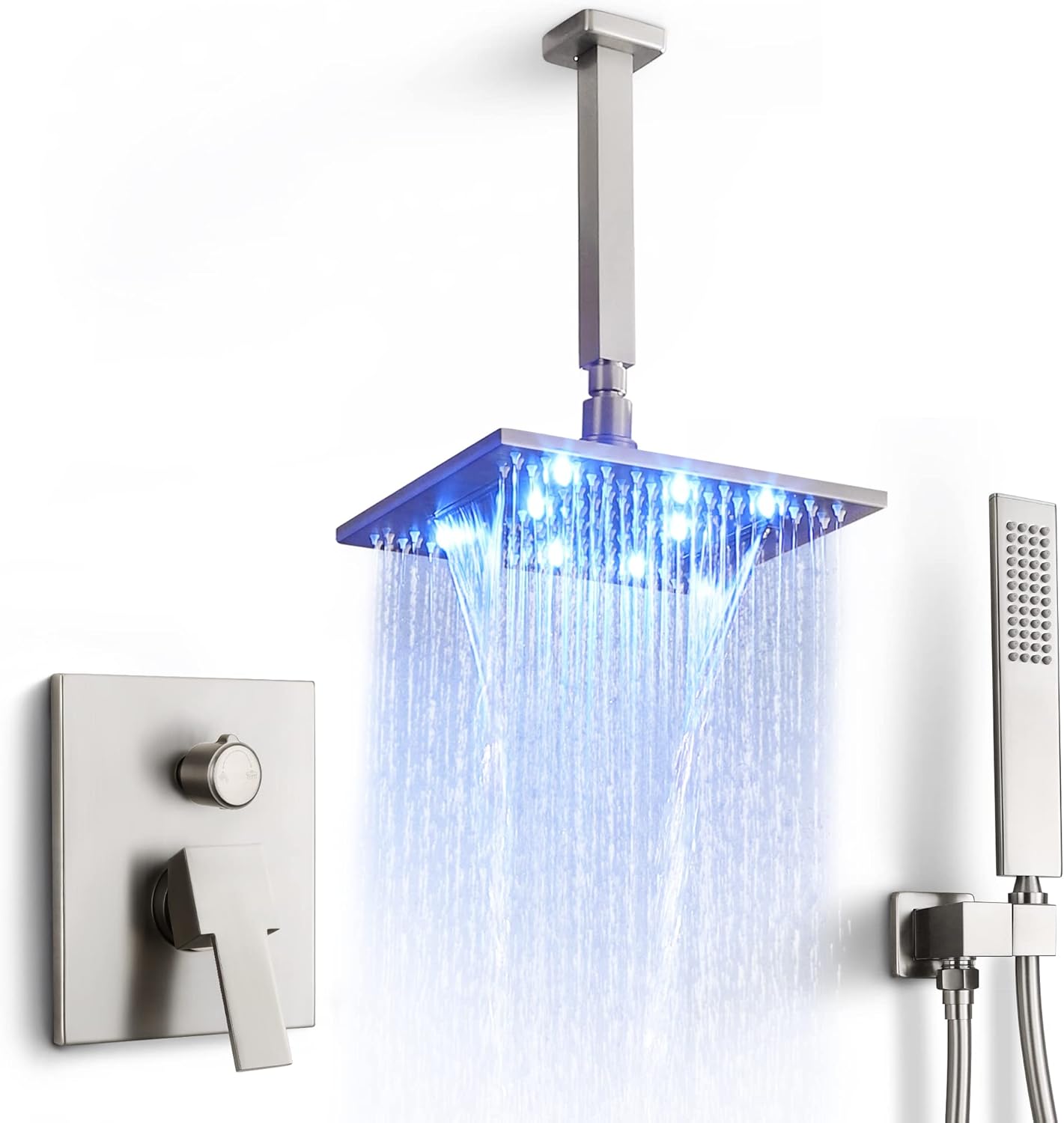 SKOWLL Ceiling Mount Shower Faucets Sets Complete, 10 Inch LED Rainfall Shower Head System, 2 Function Brushed Nickel Shower Faucet Set with Rough in Valve and Trim